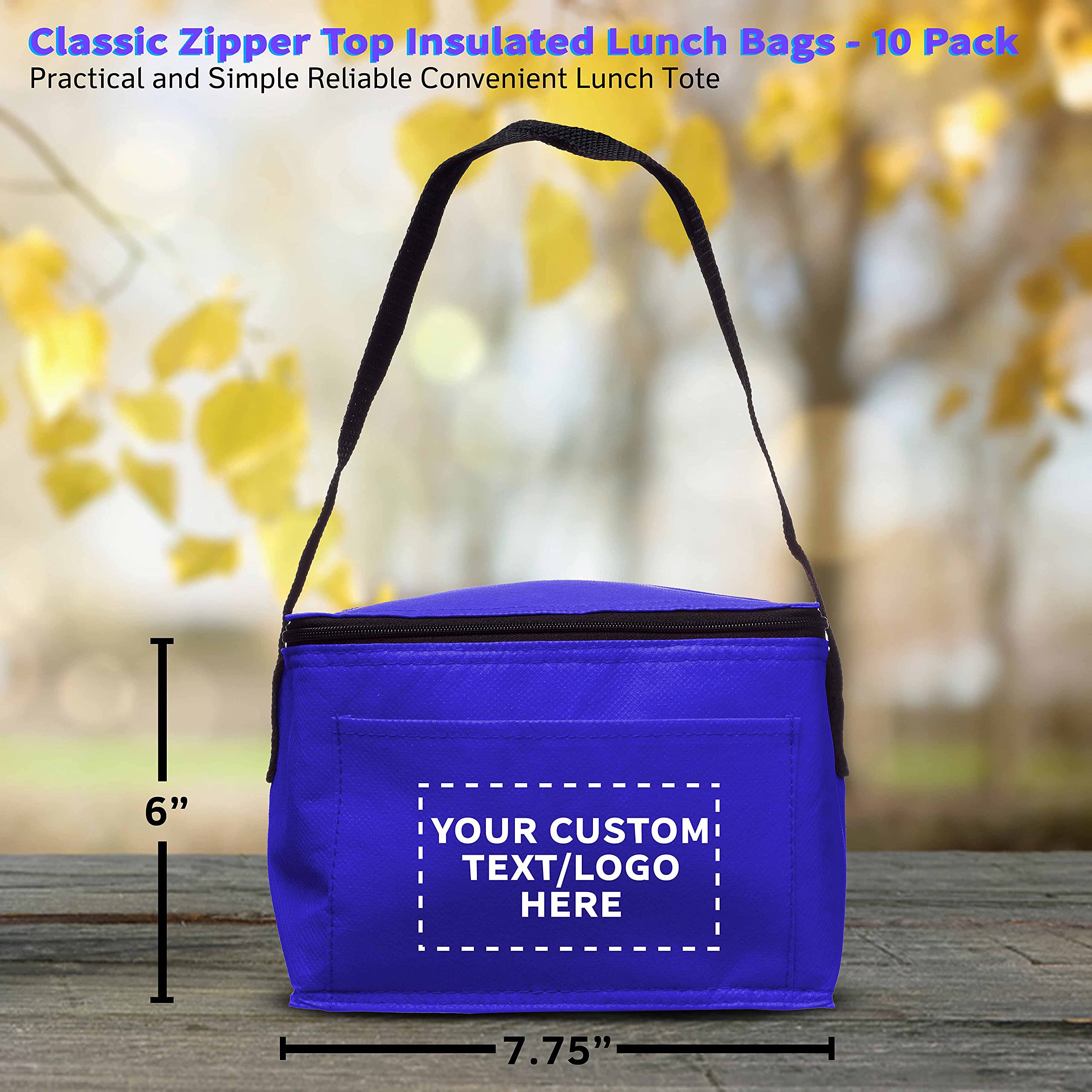 10 Pack Insulated Lunch Bags with Zipper Top - Custom Text & Logo Printing - Non-Woven Fabric, Vibrant Colors, Black Strap (Blue) - Perfect for School, Office, Picnics & Outdoor Activities