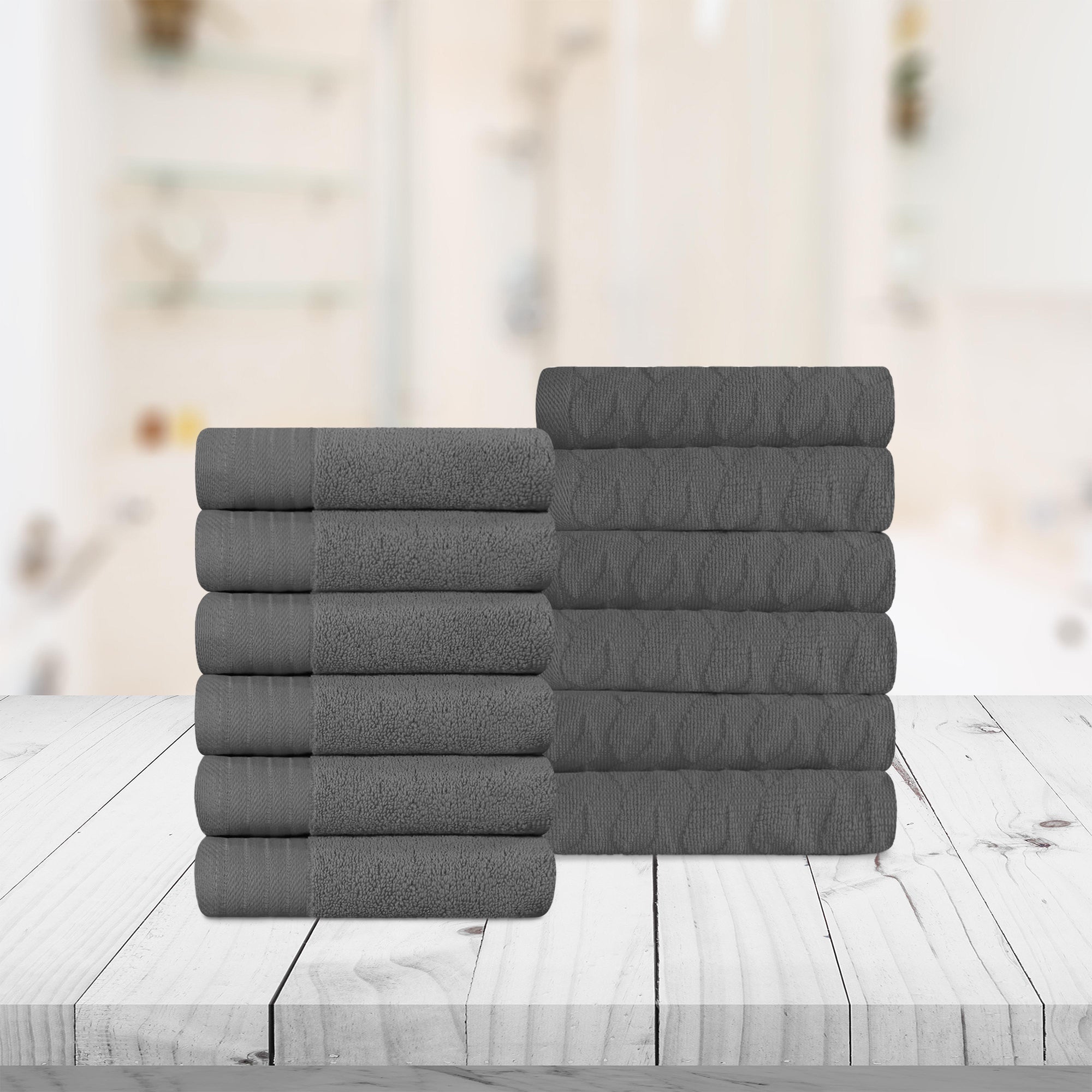 Premium 12-Piece Turkish Cotton Face Towel Set - Jacquard Herringbone & Solid Design | Soft Bath Towels for Spa, Gym, Travel & Luxury Home Use