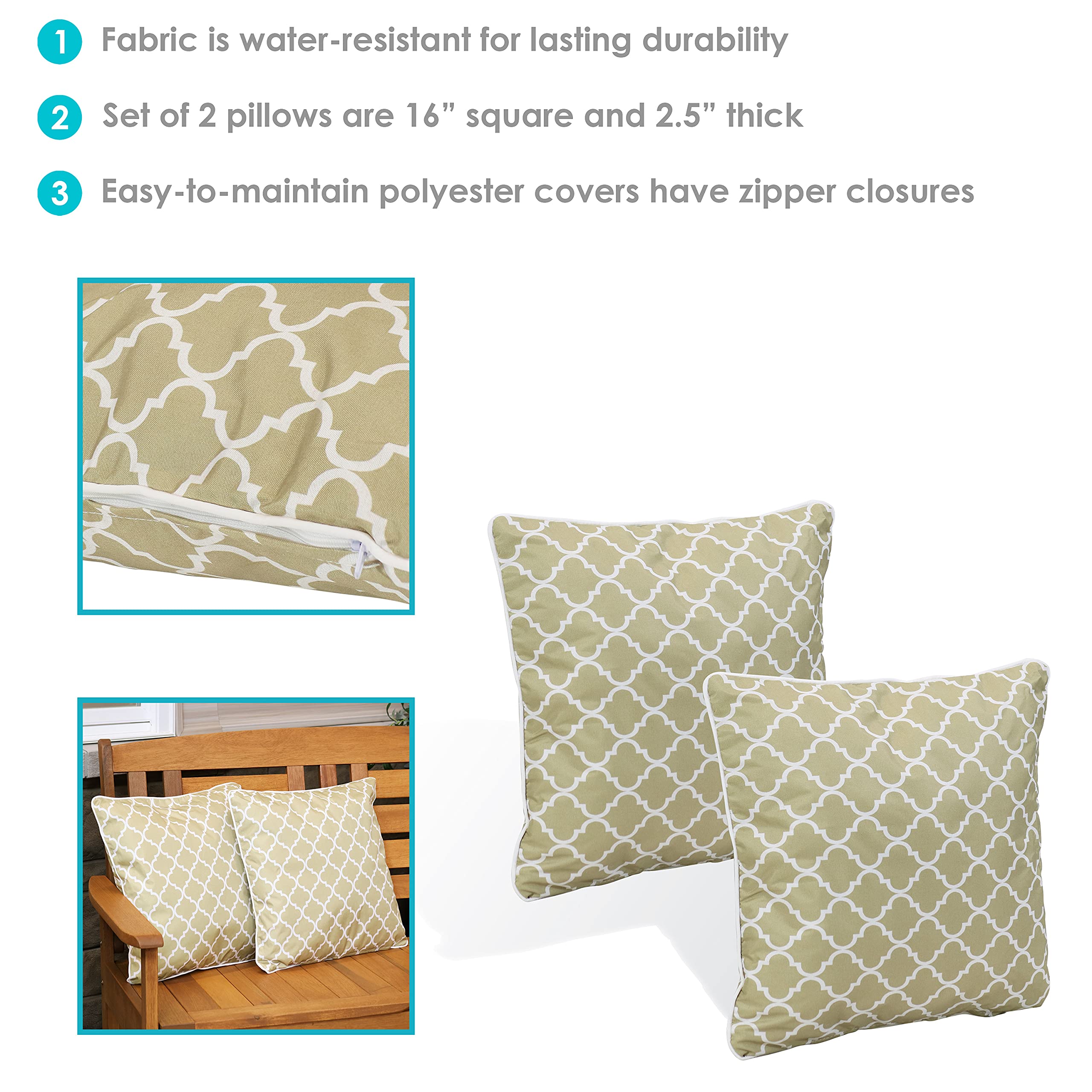 Set of 2 Sunnydaze 16-Inch Square Decorative Throw Pillows for Indoor & Outdoor Use - Tan & White Lattice Pattern - Perfect for Bench, Chair, Loveseat, Patio, Garden & Living Room Decor