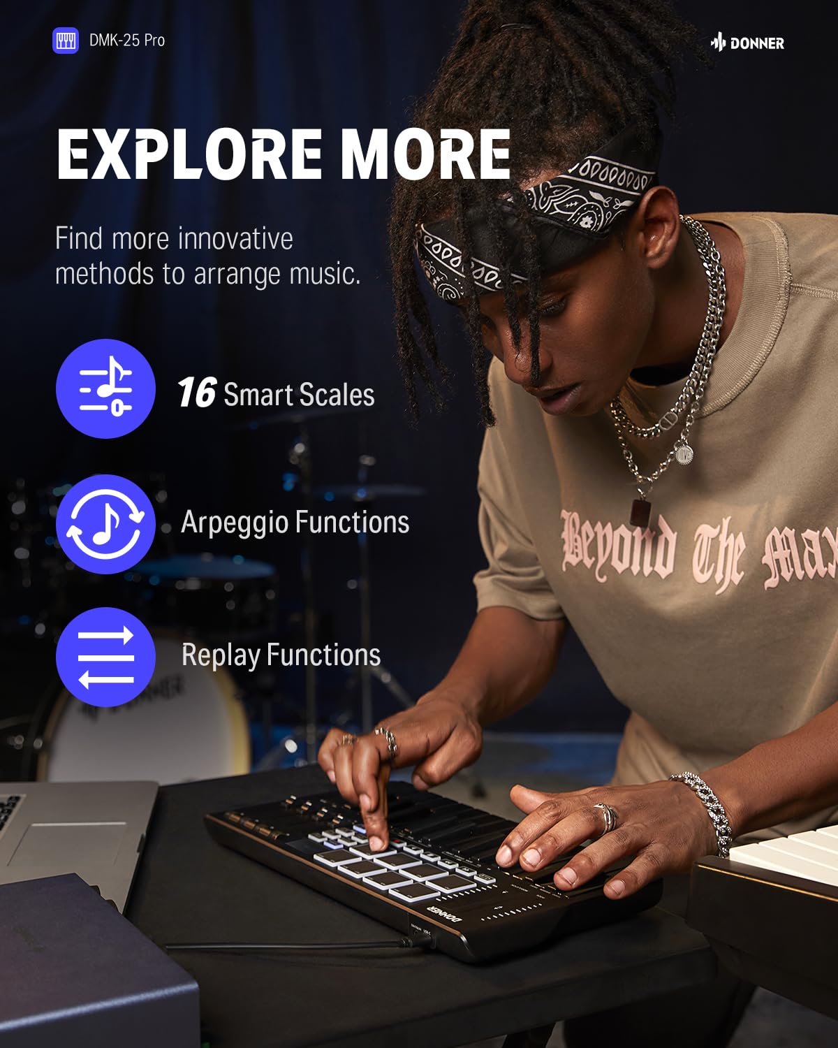 Donner DMK25 Pro 25-Key USB-C MIDI Keyboard Controller with 8 Drum Pads, OLED Display & Touch Bar | Portable Mini Keyboard for Music Production, Beat Making & Live Performance | Includes DAW Software & 40 Music Lessons