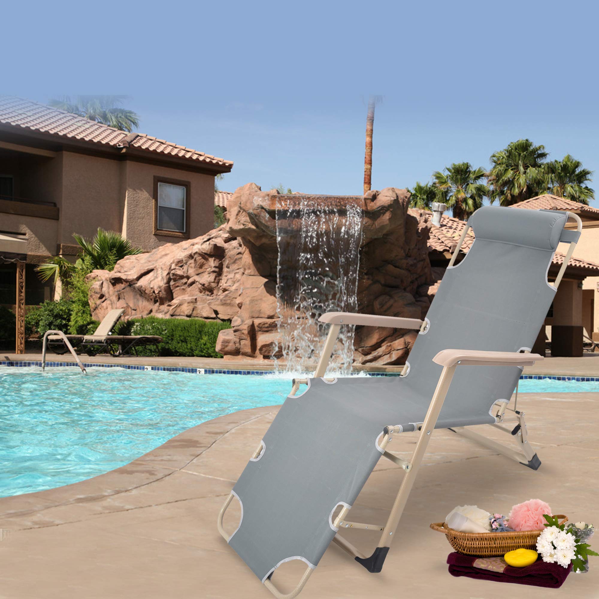 4-Piece Outdoor Chaise Lounge Chair Set - Adjustable Folding Patio Furniture with Pillows for Beach, Pool, Lawn & Backyard - Light Gray - Perfect for Sunbathing, Relaxing & Outdoor Lounging