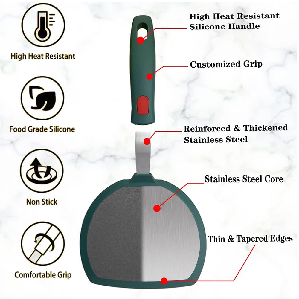 Flexible Silicone Fish Spatula Set of 2 - Non-Stick Pancake Turner, Omelette & Egg Spatula, Heat-Resistant Kitchen Utensils for Baking, Frying & Cooking (Green) - Perfect for Breakfast, BBQ & Baking Needs