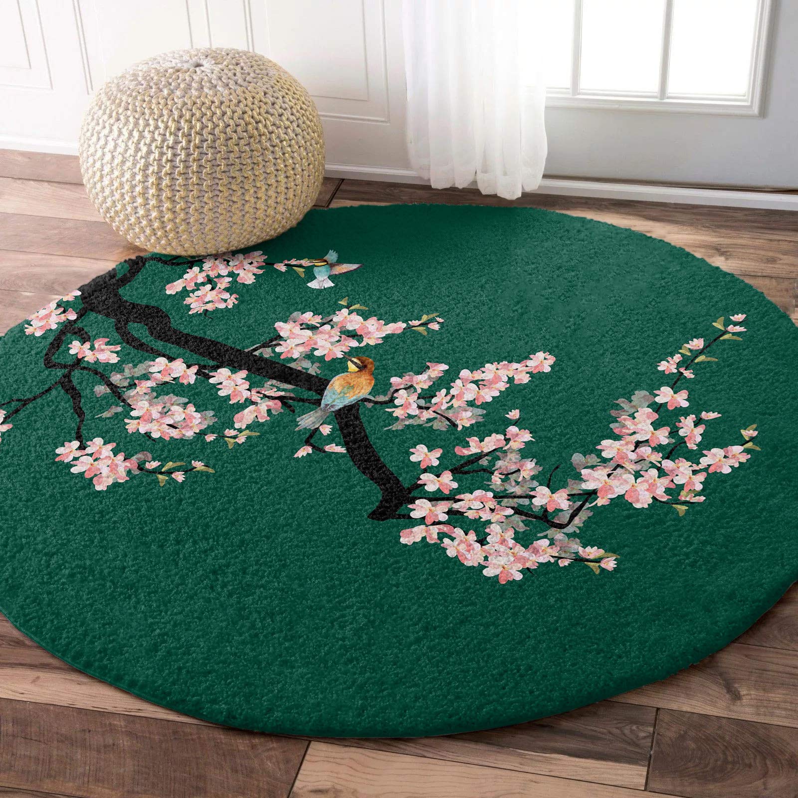 Ultra Soft Fluffy Shag Round Area Rug 3ft - Vintage Floral Bird Design, Non-Slip Absorbent Circle Carpet for Living Room, Bedroom, Nursery - Peach Blossom Modern Home Decor | Perfect for Cozy Spaces & Boho Chic Interiors