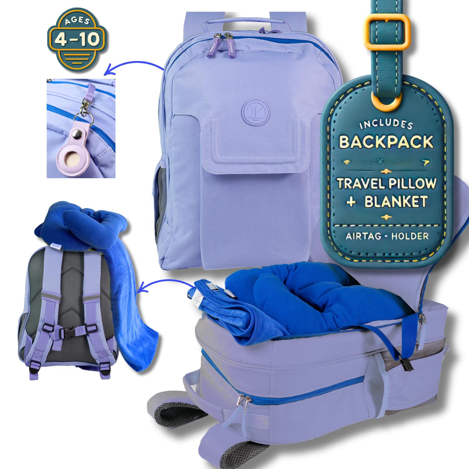 3pc Kids Travel Backpack Set with Blanket & Pillow - AirTag Holder Included - Toddler Road Trip Essentials for Ages 4-10 - Purple Backpack for Airplane, Car Rides & Sleepovers