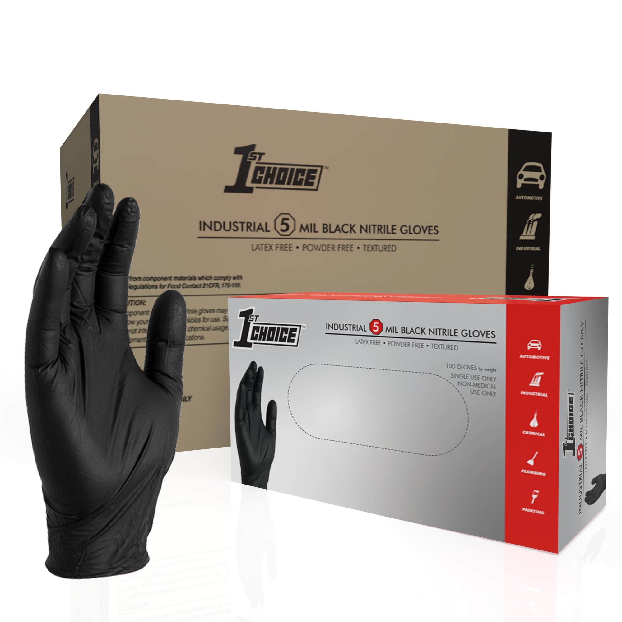 1st Choice Nitrile Gloves - Latex-Free Disposable Black Gloves, 6 Mil Textured Industrial Grade for Cooking, Cleaning, Medical Use & Food Handling | Durable & Comfortable for Professional & Home Use