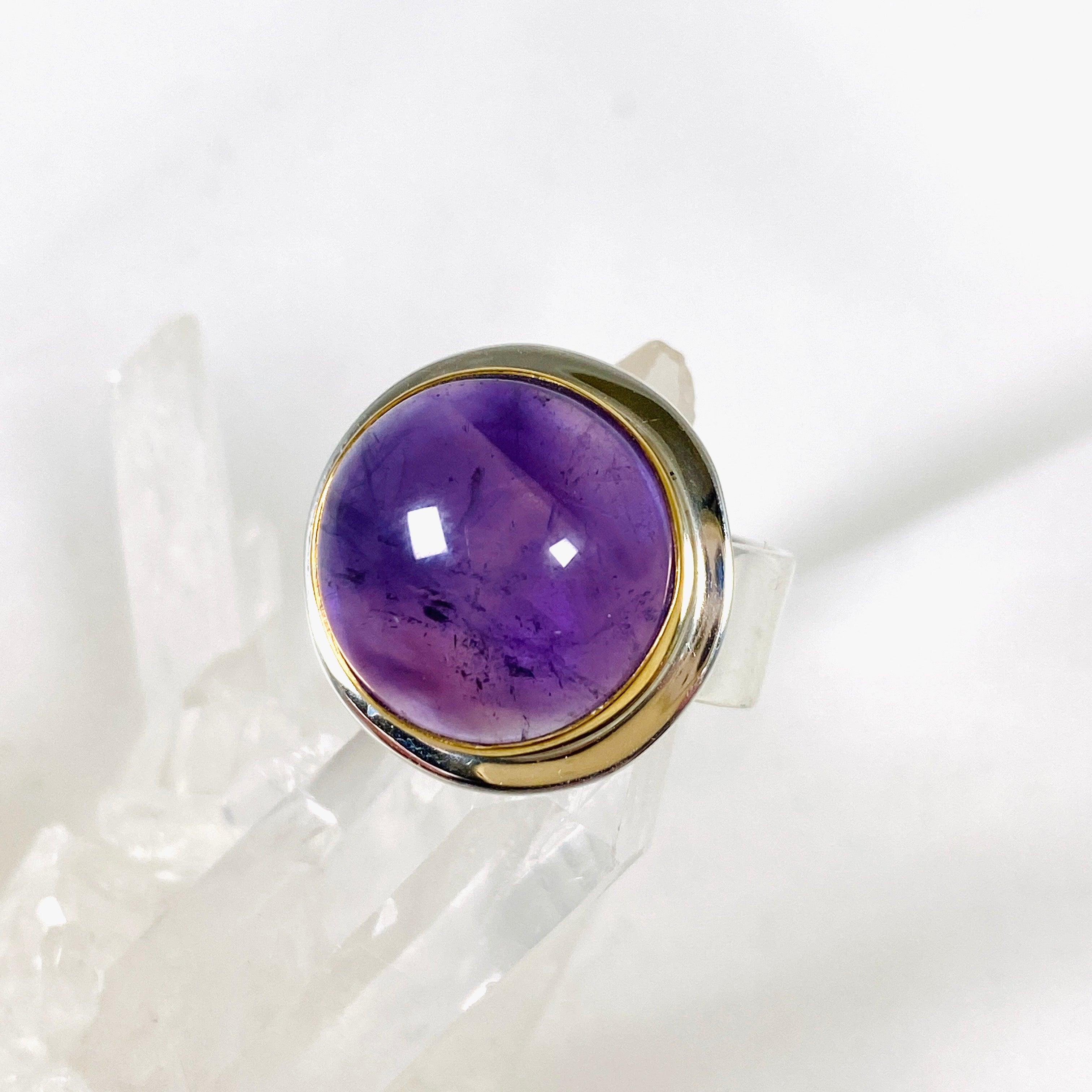 Amethyst Round Ring with Brass Detailing - Size 11 - KRGJ2961 | Elegant Purple Gemstone Jewelry for Women, Perfect for Weddings, Parties & Everyday Wear