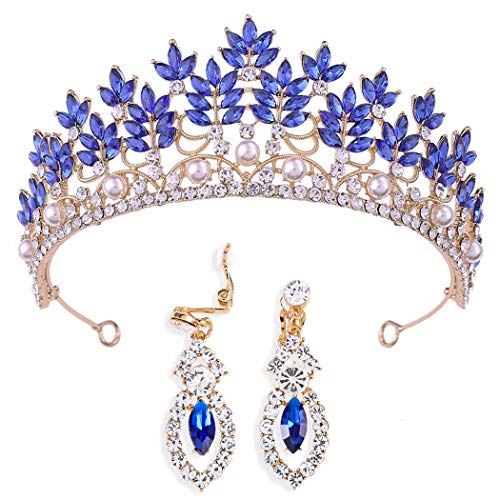 Brinote Vintage Crystal Bridal Tiara Set with Pearl Earrings & Leaf Headband – Elegant Wedding Crown for Women & Girls (Blue) | Perfect for Bridal Showers, Weddings, and Special Occasions