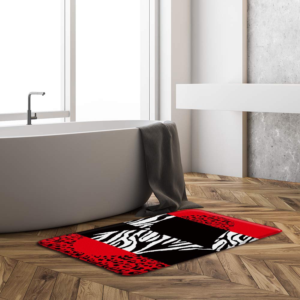 Red Black Leopard Print Bath Mat - Soft Microfiber Memory Foam Bathroom Rug with Zebra Stripes & Heart Design - Absorbent Non-Slip Floor Mat for Bathroom, Kitchen & Toilet Decor - Perfect for Cozy Home Spa Moments