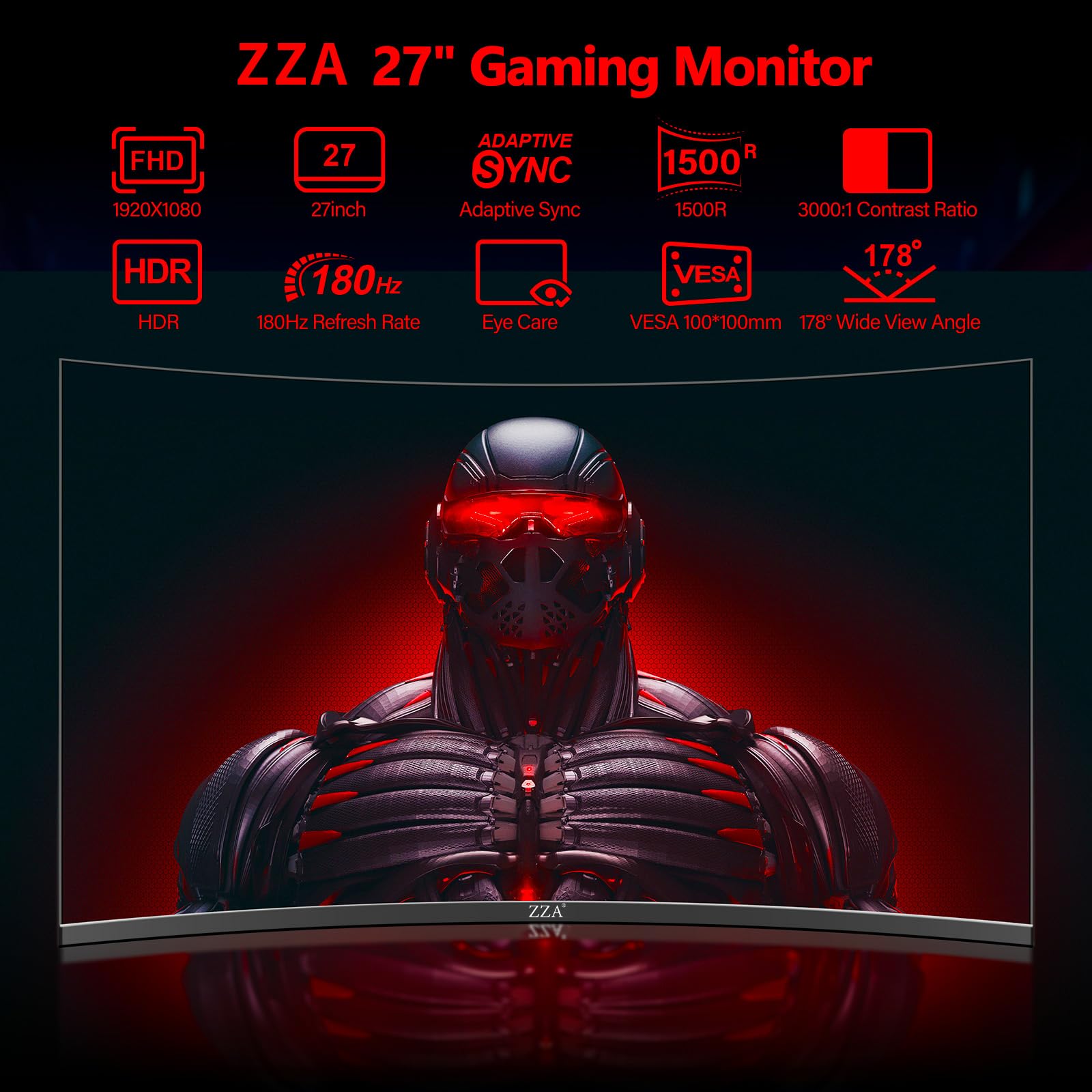 ZZA 27 Inch Curved Gaming Monitor - 180Hz/165Hz/144Hz Refresh Rate, 1ms Response Time, FHD 1080P, 90% DCI-P3 & 100% sRGB, FreeSync, HDR, HDMI & DP Ports, VESA Mount - Perfect for Esports, PC Gaming & Home Office Setup