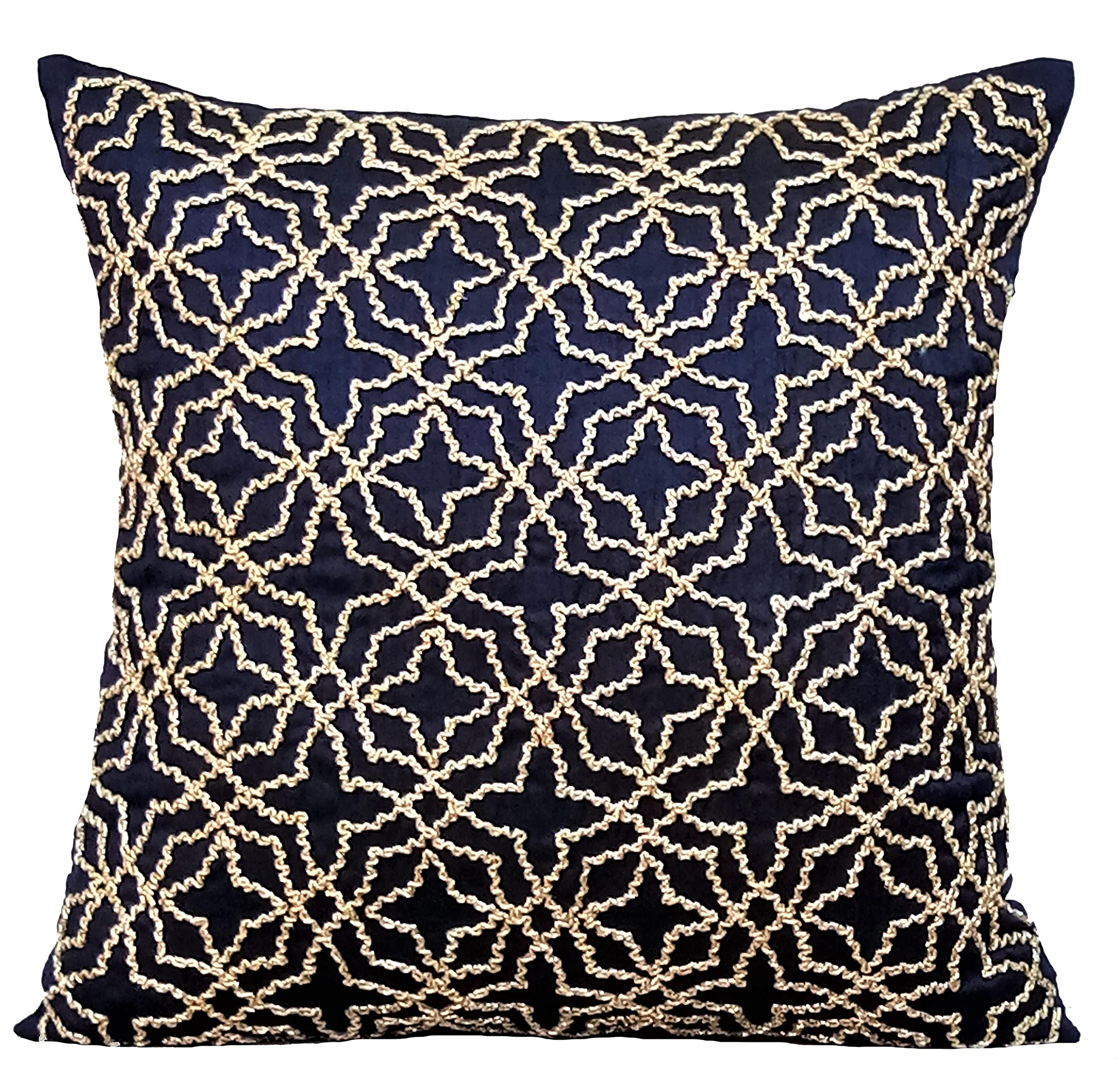 Premium 24x24 Inch Blue Silk Euro Sham Pillow Cover - Handmade Decorative Throw Pillow Case with Navy Geometric Pattern for Living Room, Bedroom & Sofa Decor