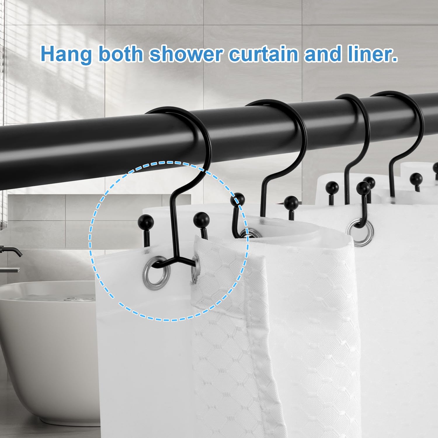 24 Pack Stainless Steel Shower Curtain Hooks - Rustproof Double Sided Rings for Bathroom Curtain Rods - Smooth Gliding Matte Black Hangers (Perfect for Home, Hotel & Apartment Bathroom Decor)