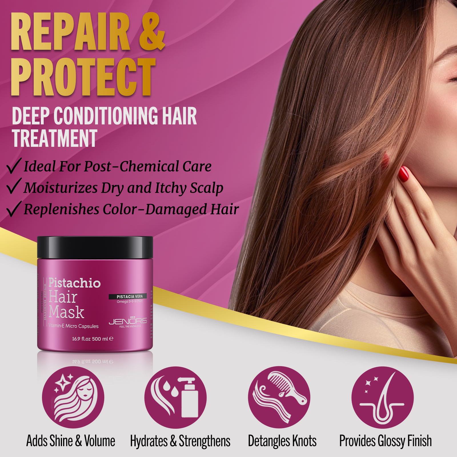 Jenoris Pistachio Shampoo, Conditioner & Hair Mask Set - Natural Hair Care for Dry Damaged Hair with Pistachio Oil & Vitamin E, Paraben & SLS Free, Salon-Quality Hydration & Repair - Perfect for Daily Use, Post-Color Treatment & Hair Recovery