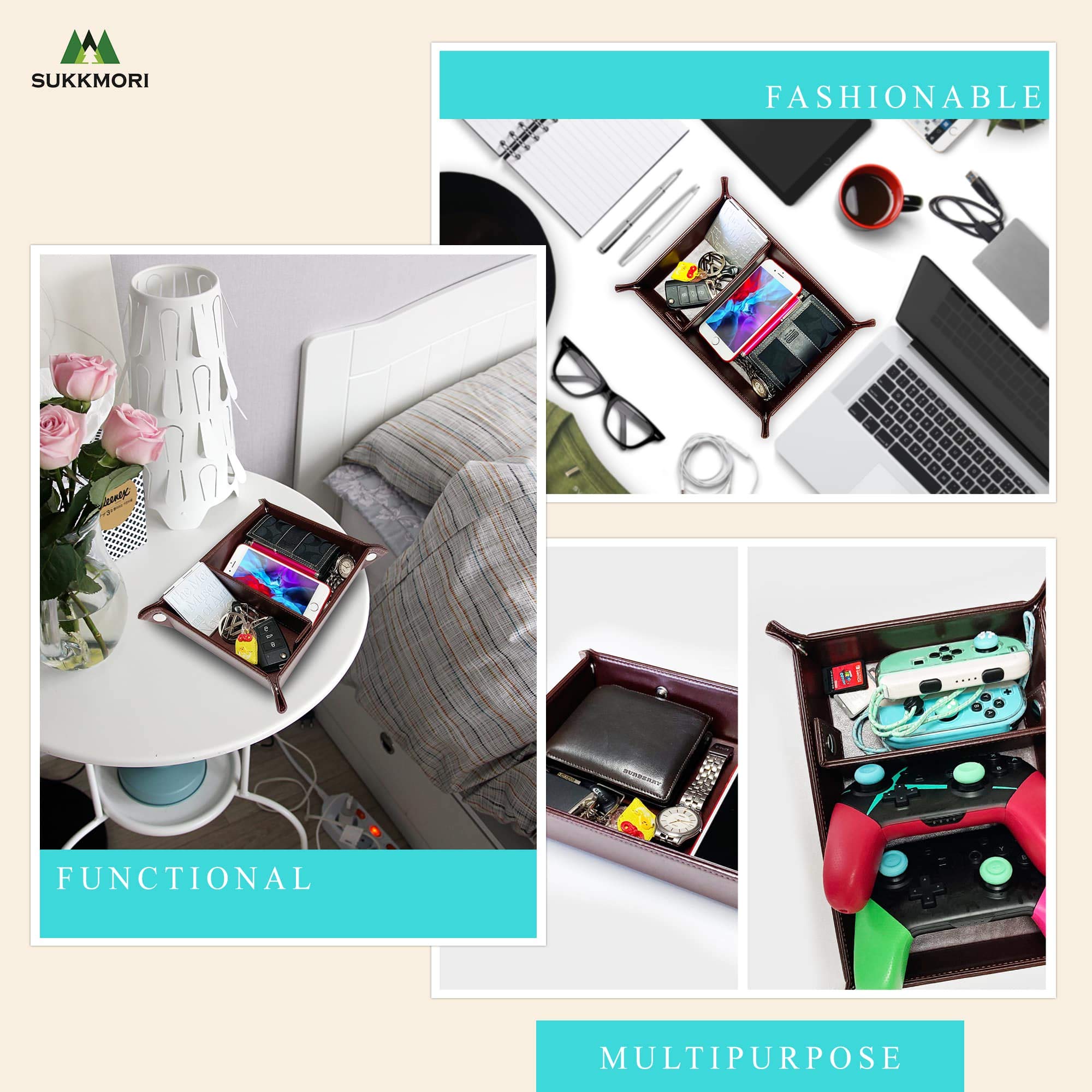 Premium PU Leather Nightstand Valet Organizer - Jewelry & Accessories Tray for Men & Women | Dresser Top Catchall for Keys, Wallet, Watch | Bedside Station & Desk Organizer for Home & Office Use