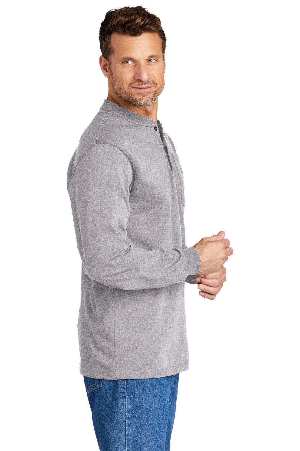 Carhartt Men's Long Sleeve Henley T-Shirt - Heather Grey Cotton Work Shirt for Construction, Outdoor & Casual Wear | Durable Workwear for Laborers, Handymen & Outdoor Enthusiasts