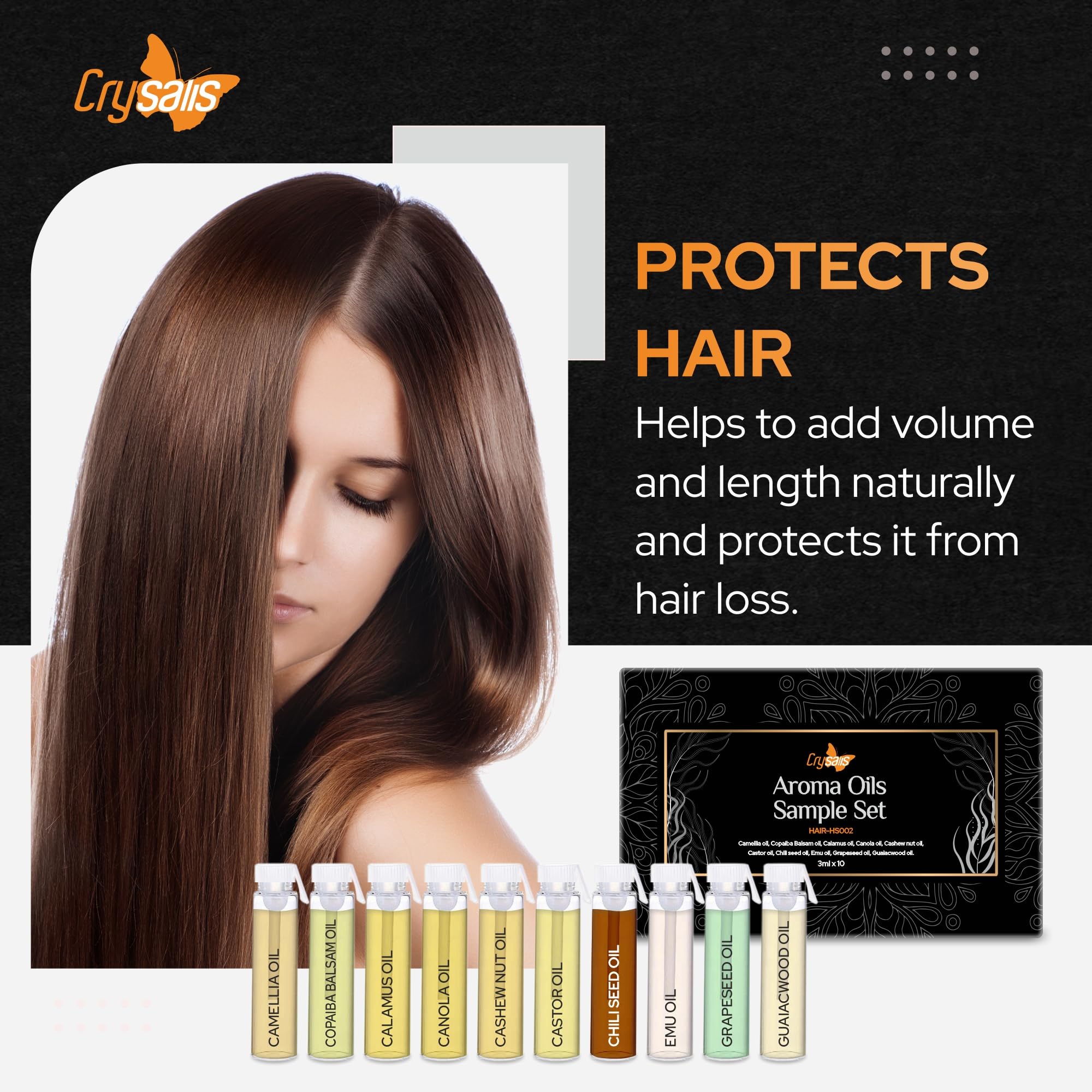 CRYSALIS Premium Hair Care Oil Set - 10x3ml (Camellia, Copaiba Balsam, Calamus, Canola, Cashew, Castor, Chilli Seed, Emu, Grapeseed & Guaiacwood Oils) | Nourishing Scalp Treatment for Dry Hair Repair & Growth | Perfect for Daily Hair Care Routine & Spa Treatments