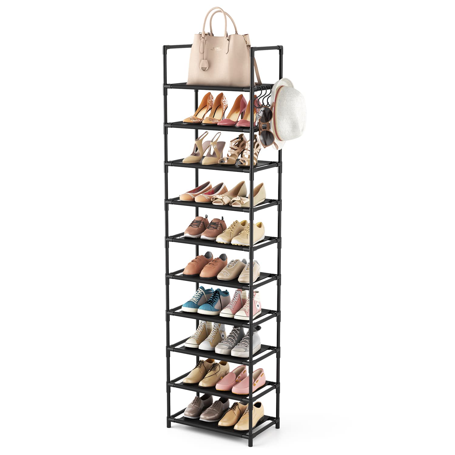 10-Tier Tall Shoe Rack for 20-25 Pairs | Sturdy Narrow Boot Organizer with Hooks | Space-Saving Entryway & Closet Storage Shelf (Black) | Perfect for Small Apartments, Dorm Rooms & Mudroom Organization