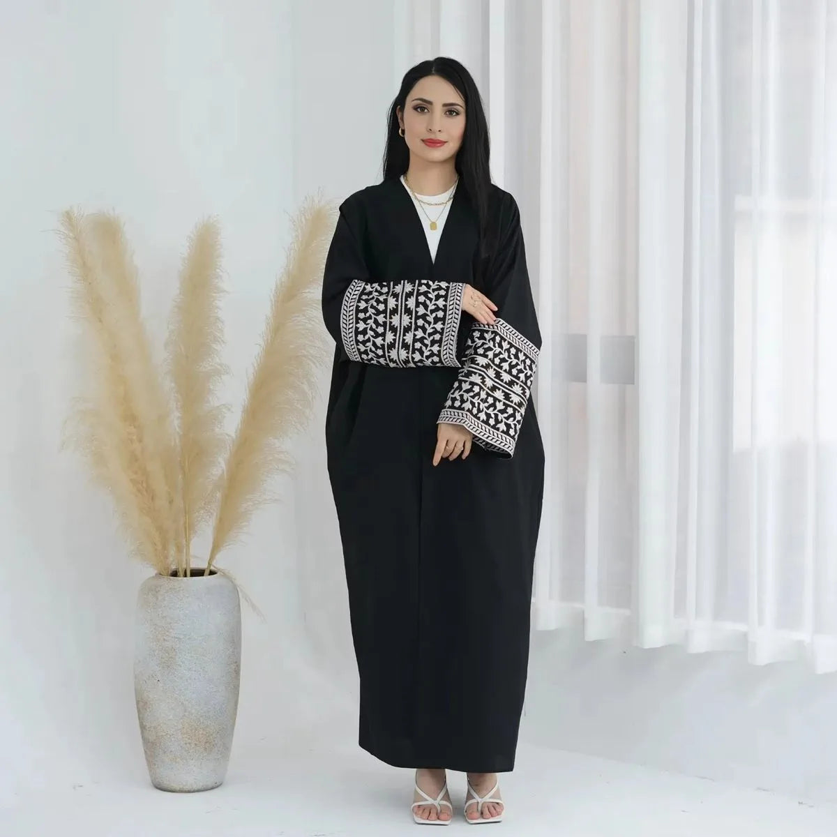 Muslim Women's Linen Blend Embroidery Sleeve Open Abaya Cardigan Dress - Perfect for Prayer, Modest Fashion & Everyday Wear