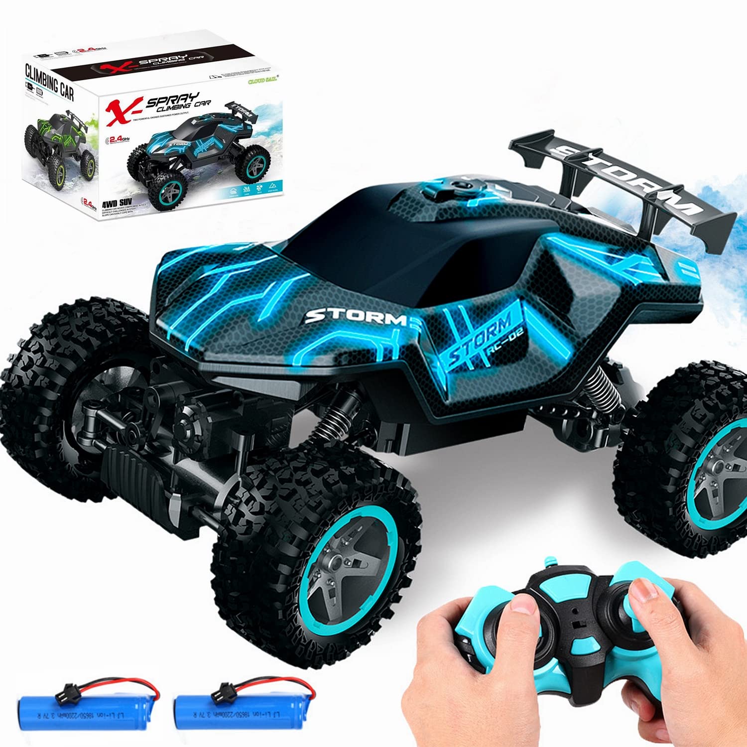 XIAOKEKE 2.4Ghz Remote Control Car - 4WD High Speed Off Road RC Monster Truck with LED Lights & Spray, 20Km/H All Terrain Crawler Vehicle, 2 Rechargeable Batteries for Kids Adults - Perfect for Outdoor Play, Backyard Racing and Birthday Gifts