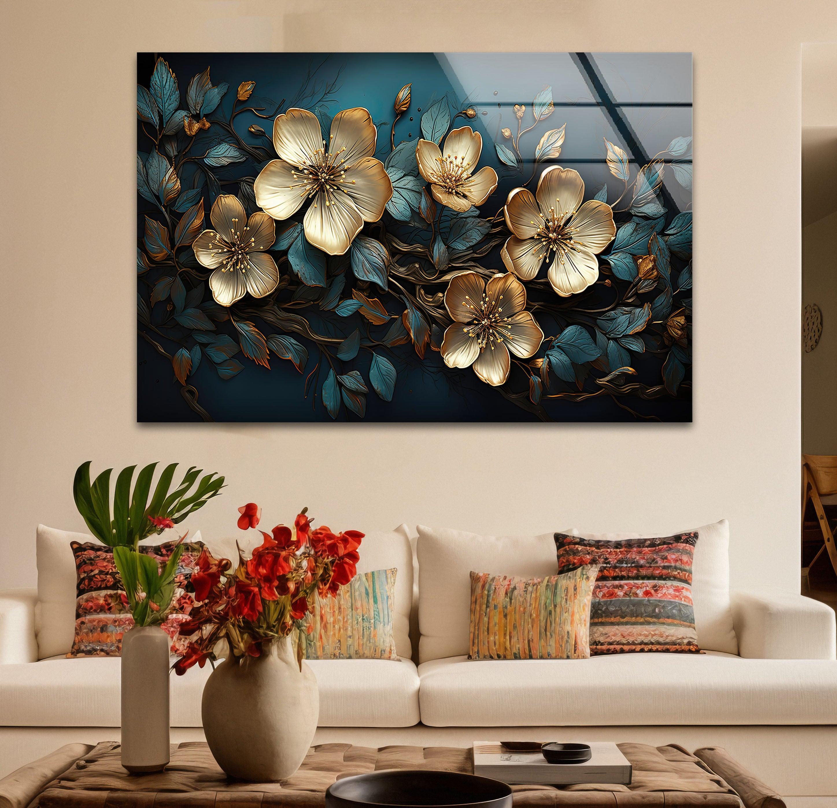 Beige & Blue Botanical Glass Wall Art - Elegant Home Decor for Living Room, Bedroom & Office - Perfect Gift for Housewarming & Wedding