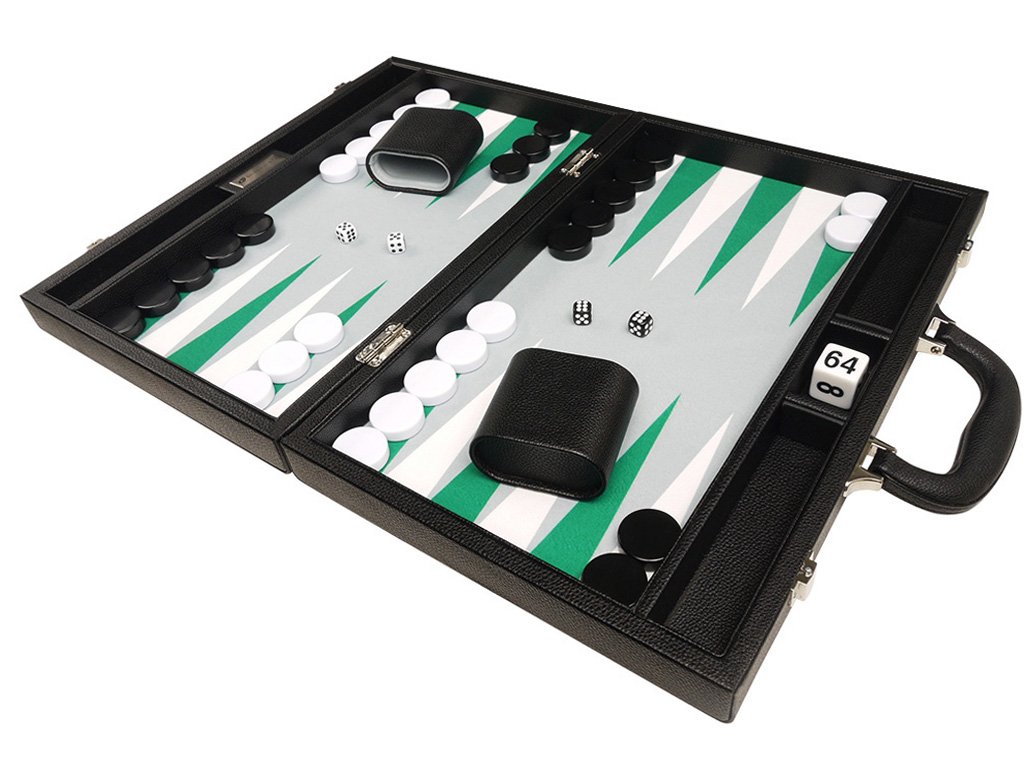 Premium 16-inch Backgammon Set with Black Board & White/Green Points - Medium Size Travel Game for Adults, Family Game Night, Casino Style Board Game