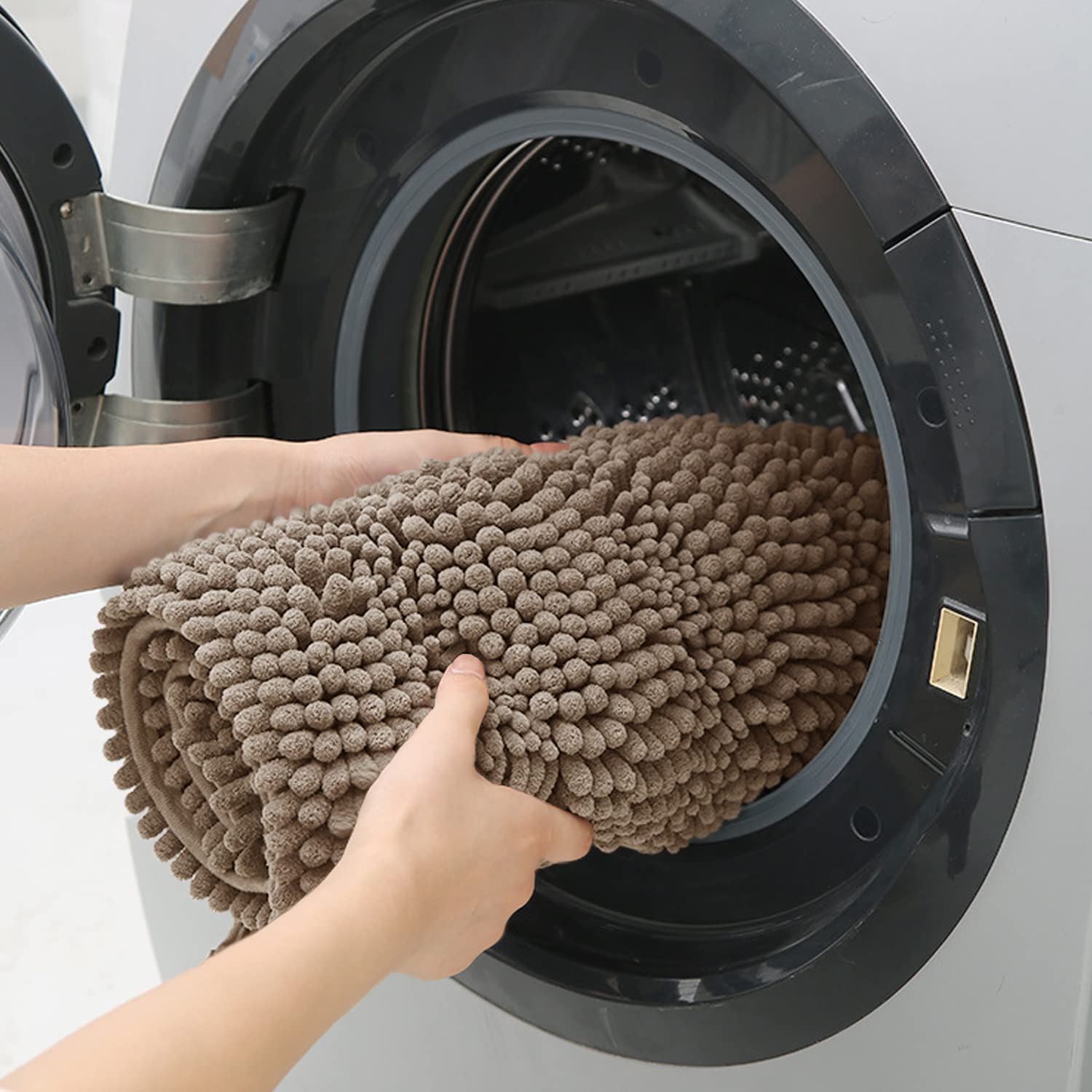 ACCUMTEK Striped Ultra Soft Thick Chenille Bath Rugs and Mats - Dark Beige Non-Slip Bathroom Mat for Bathroom, Toilet, Bedroom & Kitchen - Plush Absorbent Floor Mat for Shower, Vanity & Sink Areas