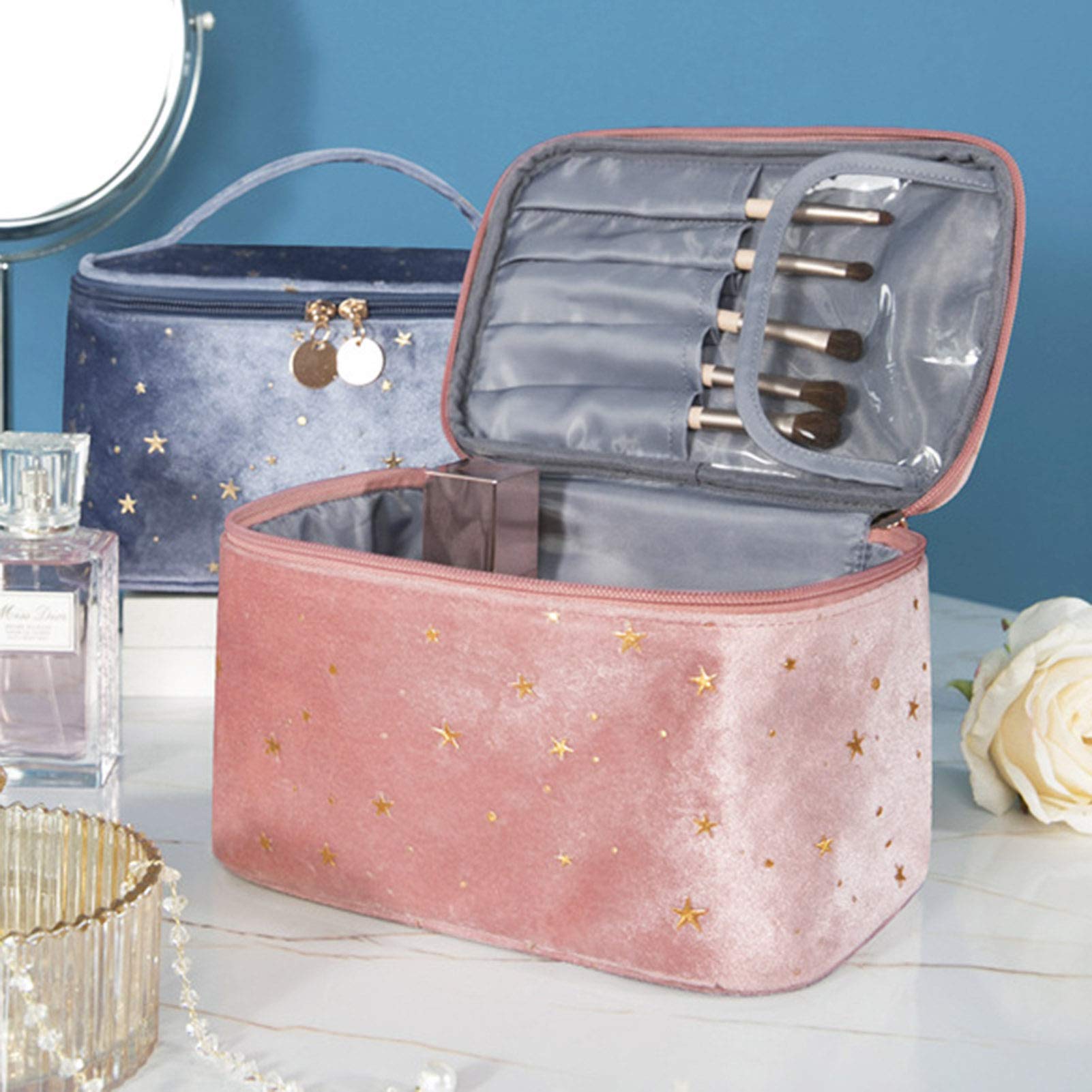 Retro Velvet Travel Toiletry Bag with Star Embroidery - Waterproof Cosmetic Storage Case & Makeup Organizer for Bottles, Toiletries, Bathroom Essentials - Perfect for Vacation, Business Trips & Gym (Pink)