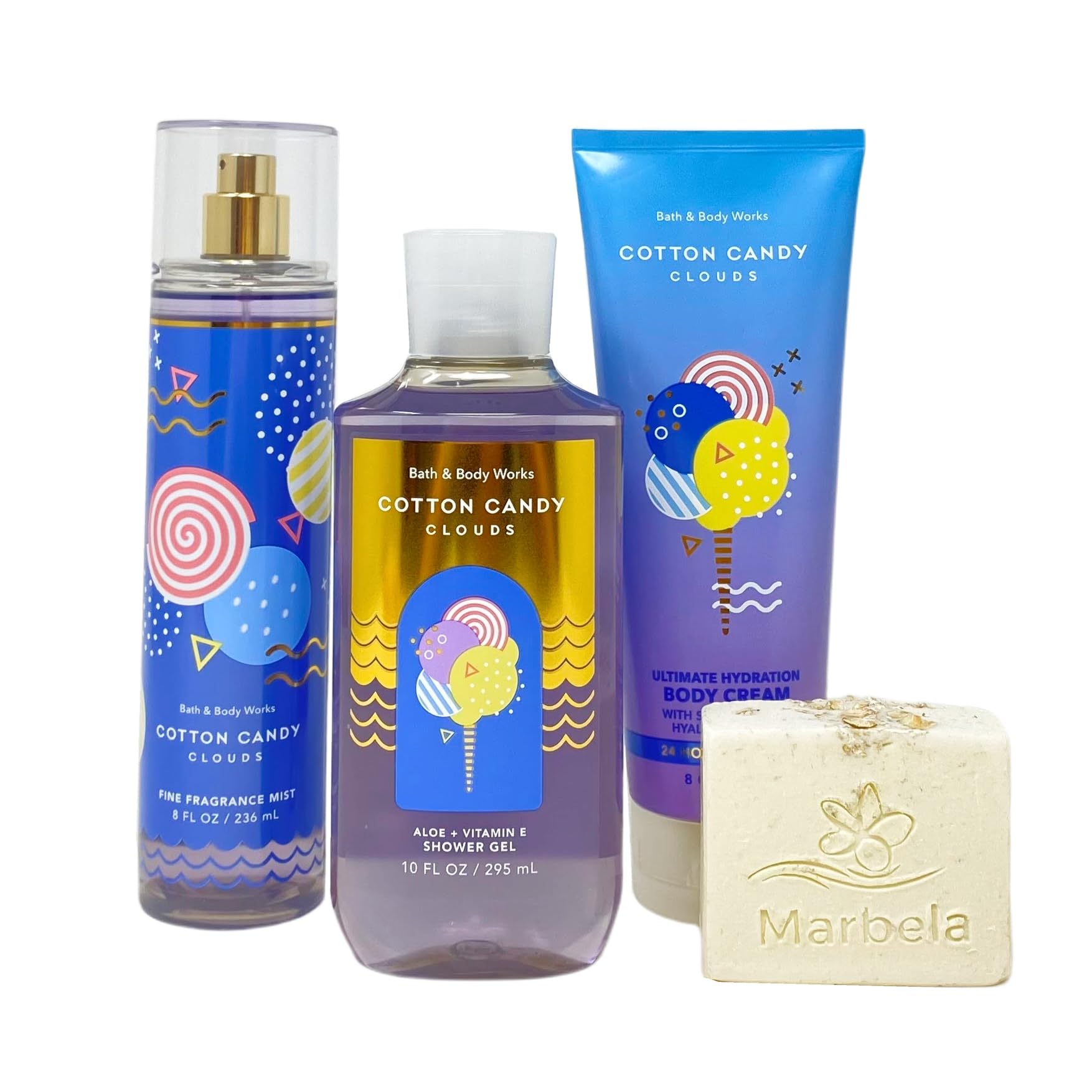 Bath & Body Works Cotton Candy Clouds 3-Piece Gift Set - Fragrance Mist, Body Cream & Shower Gel with Natural Oats Bar Soap | Sweet Scented Body Care for Women | Perfect for Gifts, Self-Care & Daily Pampering