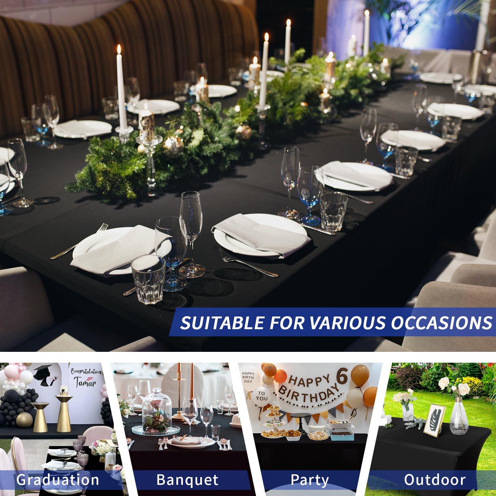 Fixwal 6FT Stretch Spandex Tablecloth for Rectangle Table - 2 Pack Black Fitted Table Covers for Party, Wedding, Banquet Decor | Washable & Wrinkle-Free | Perfect for Dining Room, Buffet Tables & Event Decorations