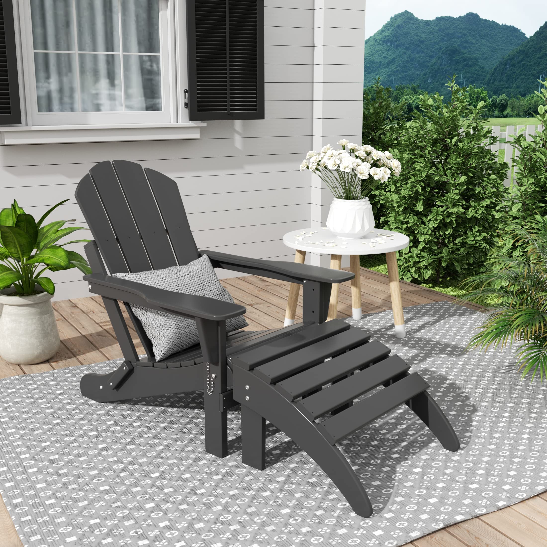 WestinTrends Malibu 2-Piece Outdoor Lounge Chair Set with Ottoman - All-Weather Poly Lumber Adirondack Patio Chairs for Pool, Garden, Backyard & Beach (Gray) - Perfect for Relaxing, Sunbathing and Outdoor Entertaining