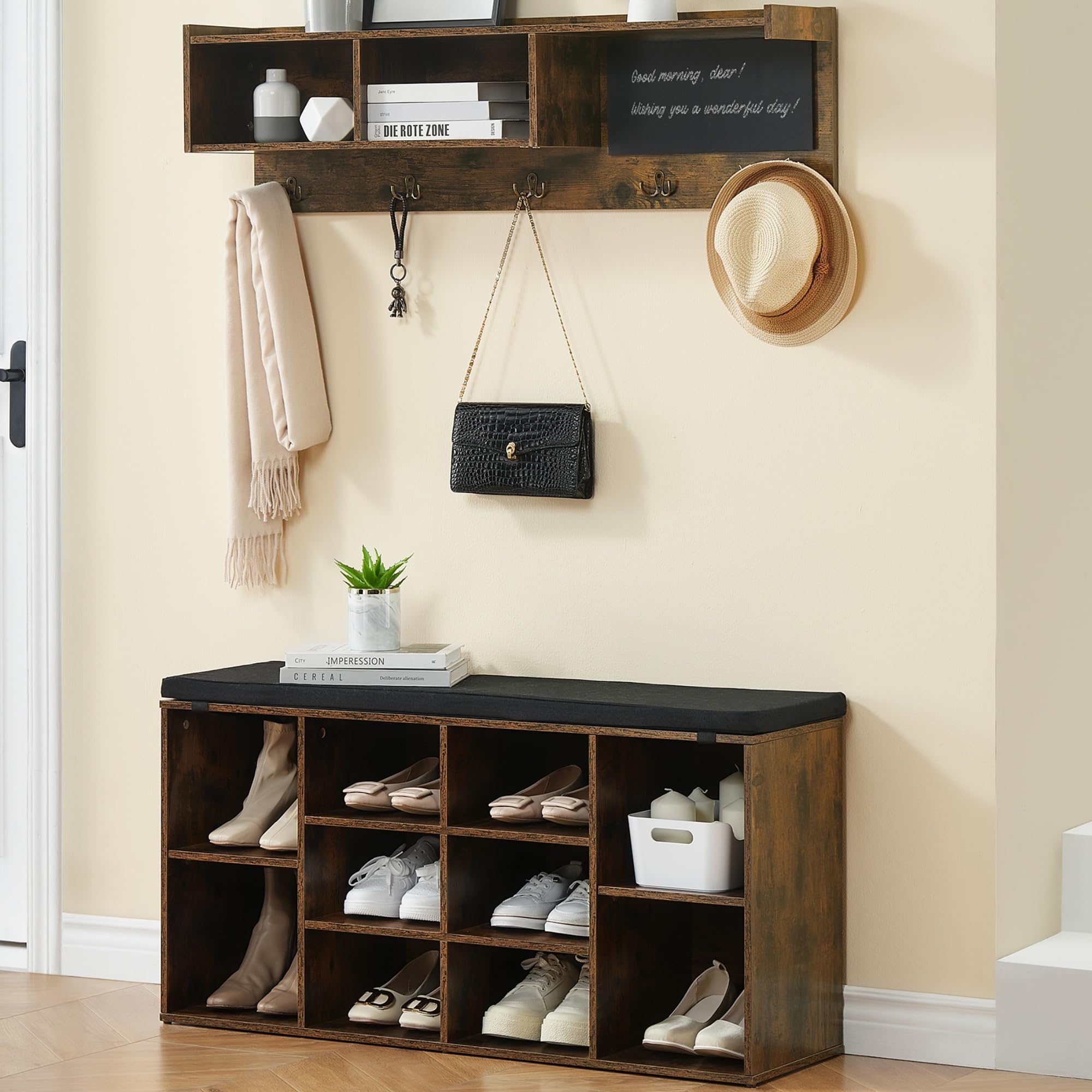 IDEALHOUSE 6-in-1 Industrial Hall Tree with Shoe Bench - Entryway Organizer with 5 Hooks, 12 Storage Cubbies, Bookshelf & Chalkboard - Perfect for Entryway, Hallway & Living Room (Brown, 41 inch) - Ideal for Small Space Organization & Home Decor