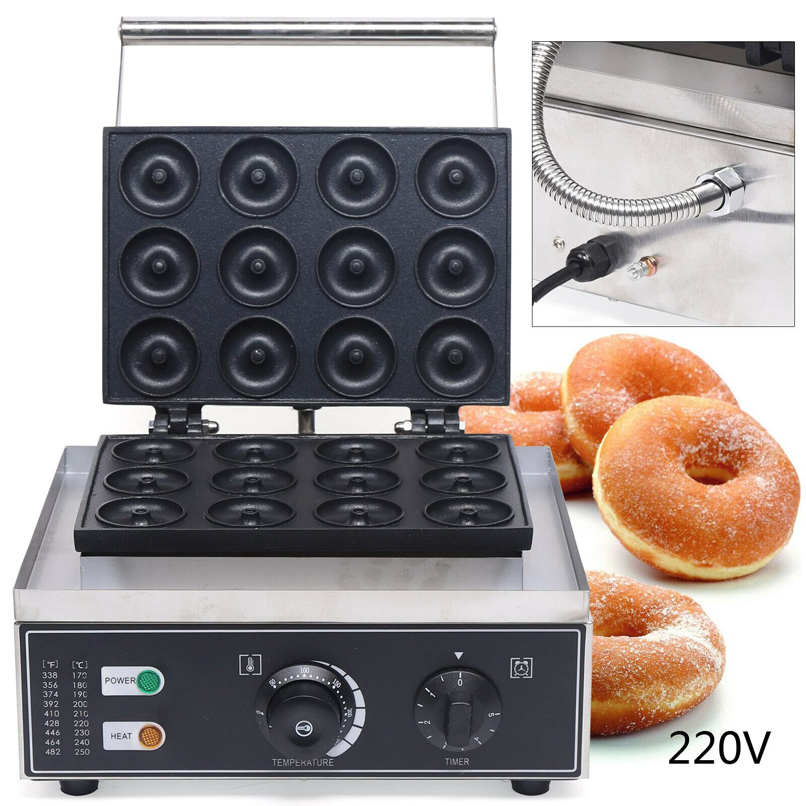 Commercial Waffle Donut Maker Machine 12 Holes 1500W 110V - Double-Sided Heating Electric Donut Maker with Adjustable Temperature 50-300℃ - Non-Stick Teflon Coating for Professional Kitchens, Bakeries & Dessert Shops - Perfect for Making Crispy Waffle Donuts, Churros & Pastries