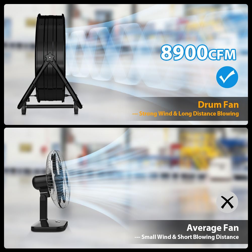 LifePlus 24 Inch Industrial Drum Fan - High Velocity Floor Fan with 3 Speed Settings, Heavy Duty Metal Air Circulator, 360° Tilt & Casters Handle (ETL Certified) - 8900 CFM for Warehouse, Patio, Commercial Use & Home Cooling