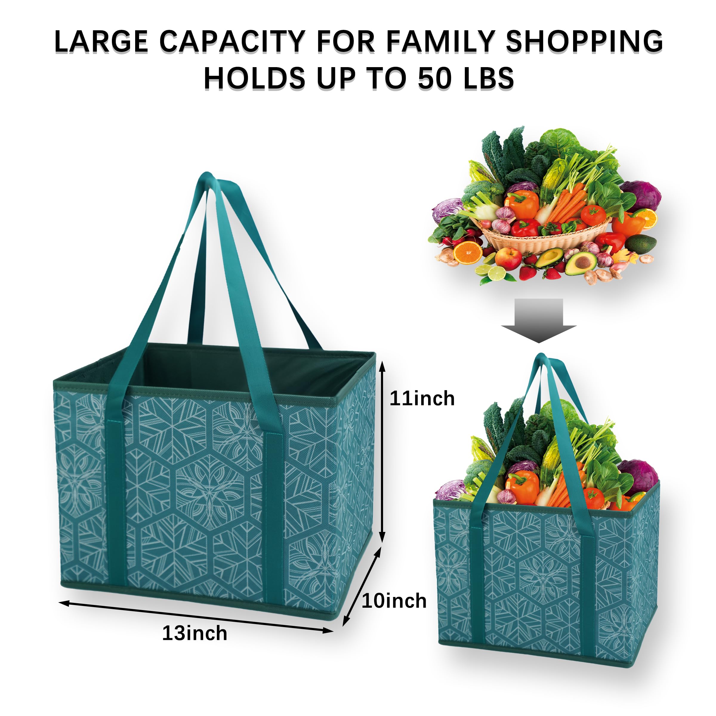 3-Pack Reusable Grocery Bags - Foldable Shopping Tote with Long Handles & Reinforced Bottom for Supermarkets, Farmers Market & Eco-Friendly Shopping (Black)