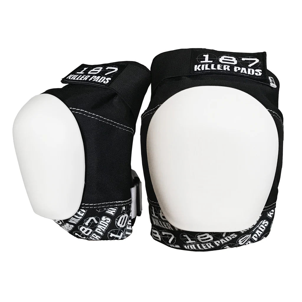 187 Killer Pads Pro Knee Pads - Black/White with White Caps - Protective Gear for Skateboarding, BMX, Rollerblading & Extreme Sports