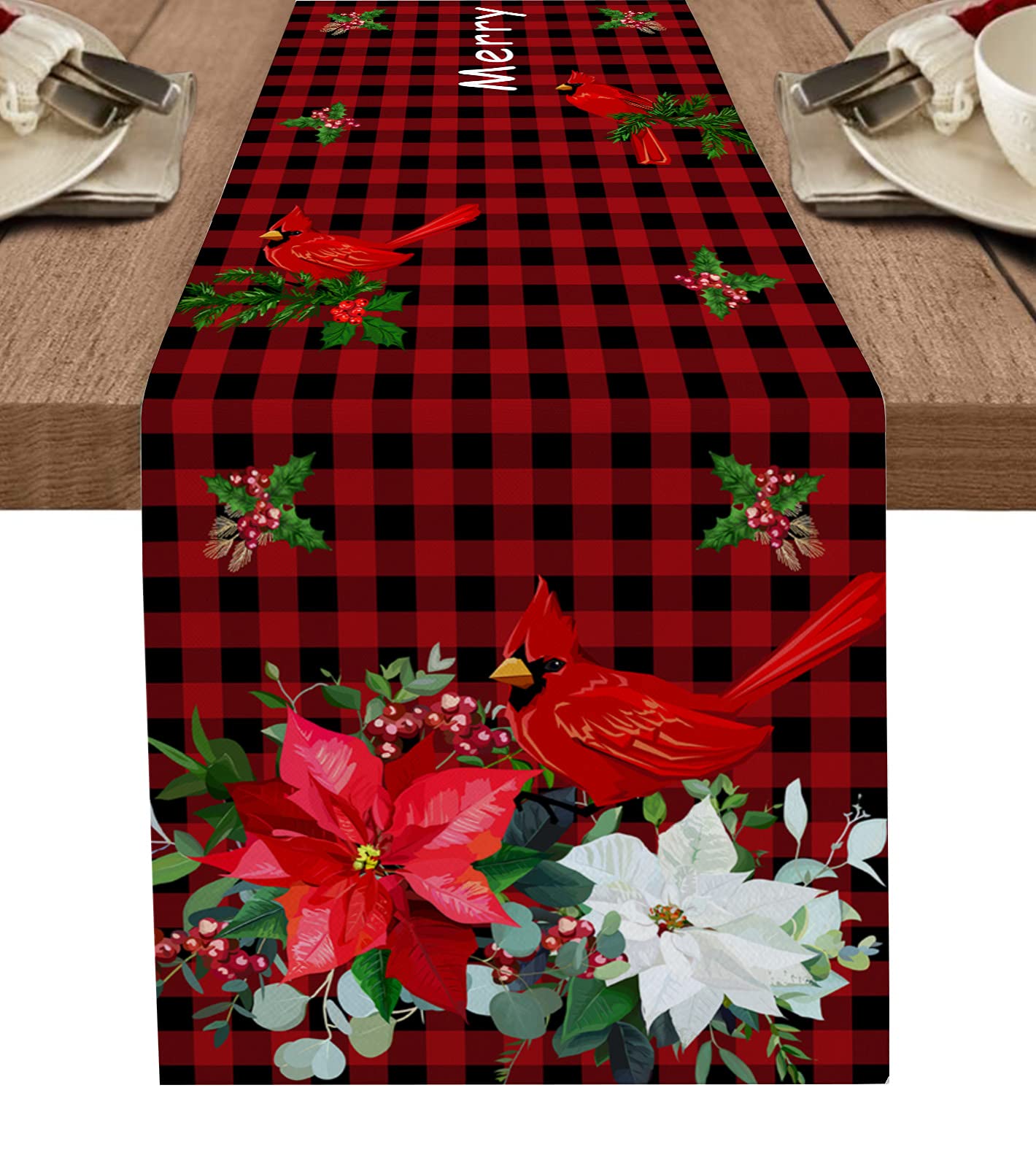 Christmas Cotton Linen Table Runner - 13x36 Inch Merry Christmas Poinsettia Flower & Buffalo Plaid Design for Dining Table, Kitchen Decor, Holiday Party - Perfect for Farmhouse Style, Winter Celebrations & Festive Gatherings