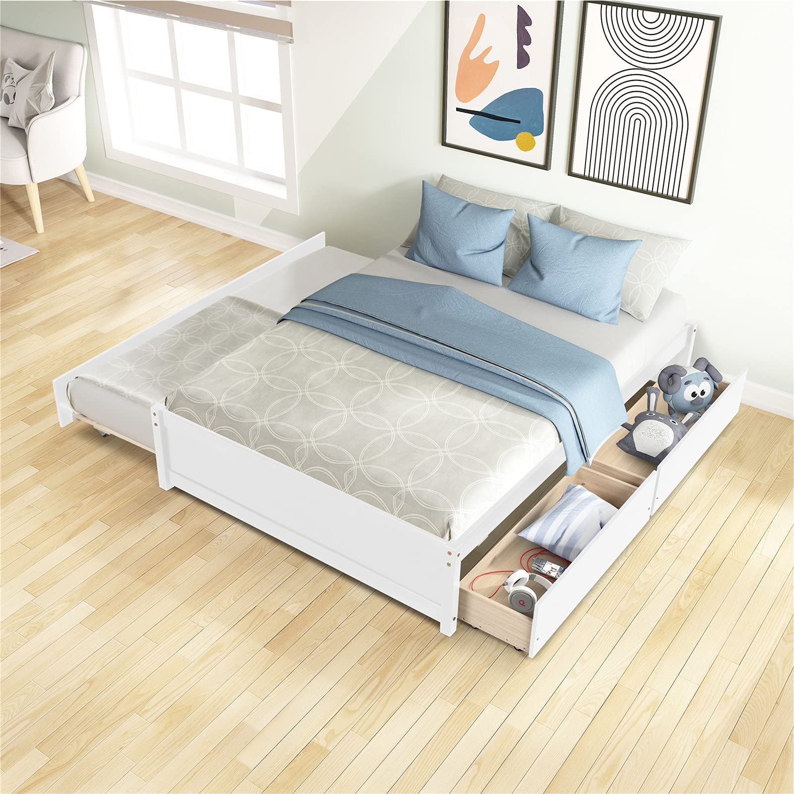 Harper & Bright Designs Full Size Wood Platform Bed Frame with Trundle and Storage Drawers - Space-Saving Captain Bed for Kids, Teens & Adults - Perfect for Small Bedrooms, Guest Rooms & Dormitories - White