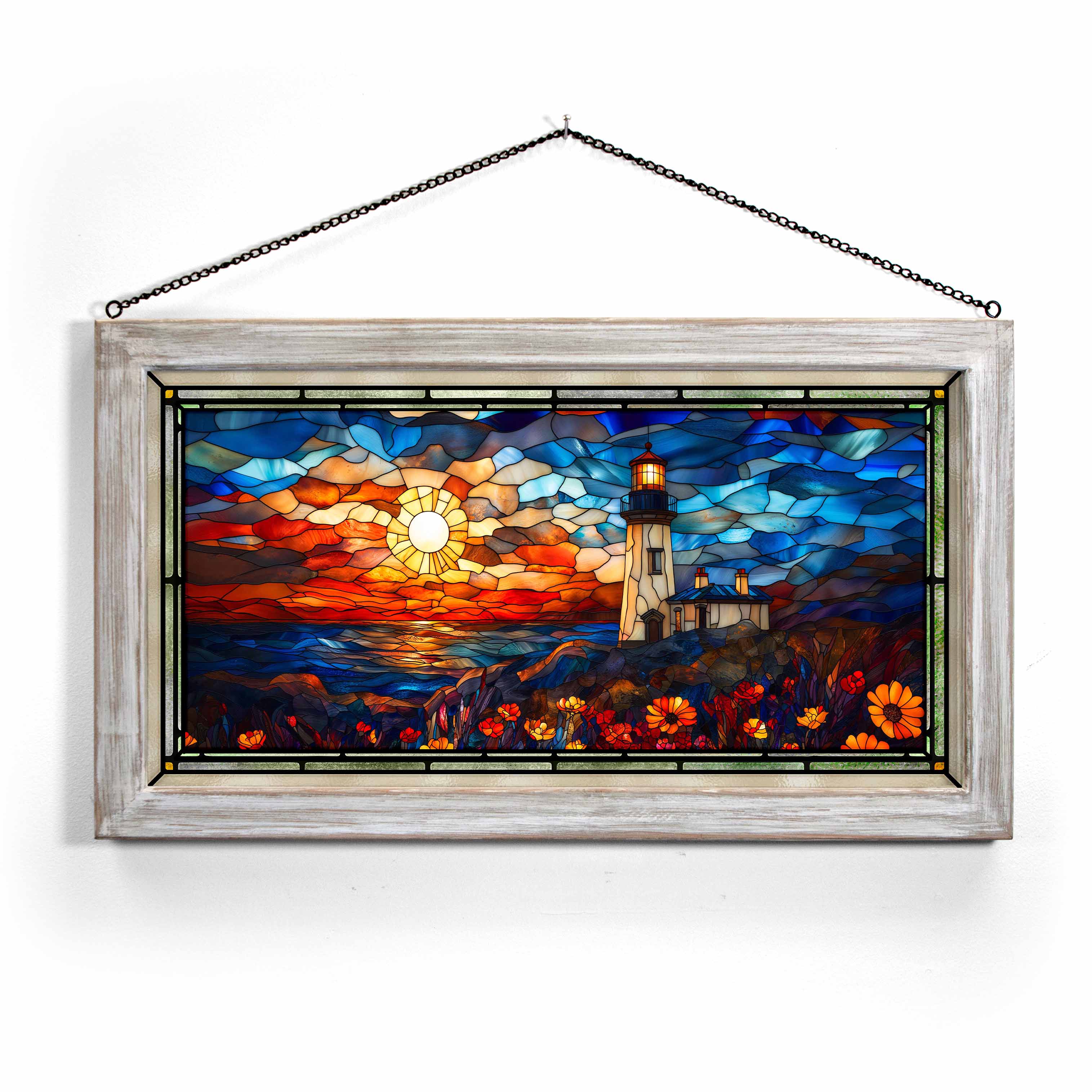 13 x 23 Stained Glass Art Panel - Coastal Candlelight Design for Windows, Doors & Home Decor - Perfect for Beach Houses, Living Rooms & Gifts
