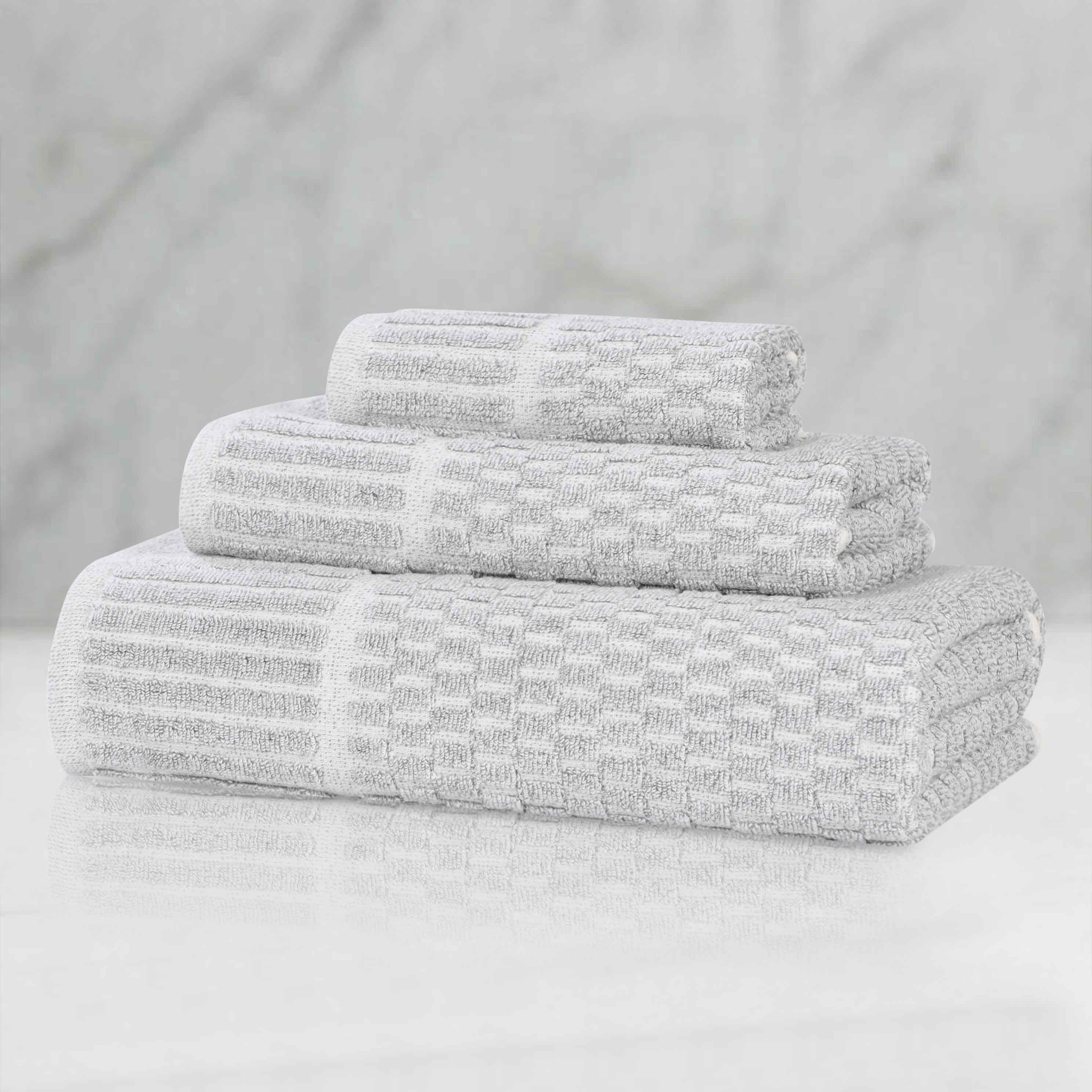 Premium Juno Cotton Blend Medium Weight Checkered Border 3-Piece Bath Towel Set - Soft, Absorbent & Quick-Drying for Bathroom, Spa & Guest Use