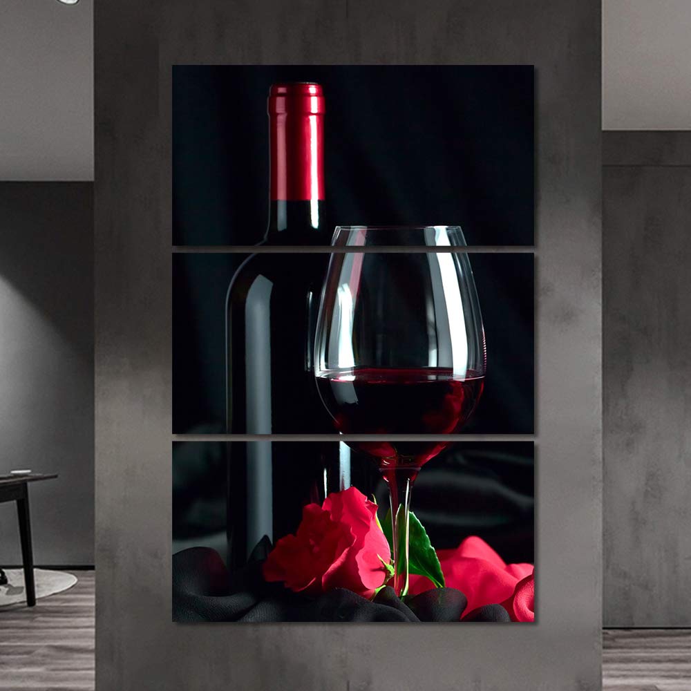 3 Piece Canvas Wall Art - Red Rose & Wine Bottles Giclee Paintings, Modern Wooden Framed Stretched Posters (60x40 Inch) for Dining Room Decor | Perfect for Home, Restaurant & Wine Bar Wall Decor
