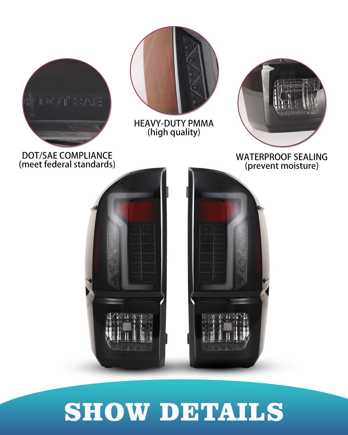 AUTOWIKI LED Tail Lights for 2016-2023 Toyota Tacoma - Black Housing & Smoke Lens Replacement Pair (Driver & Passenger Side) - Perfect for Night Driving & Enhanced Safety