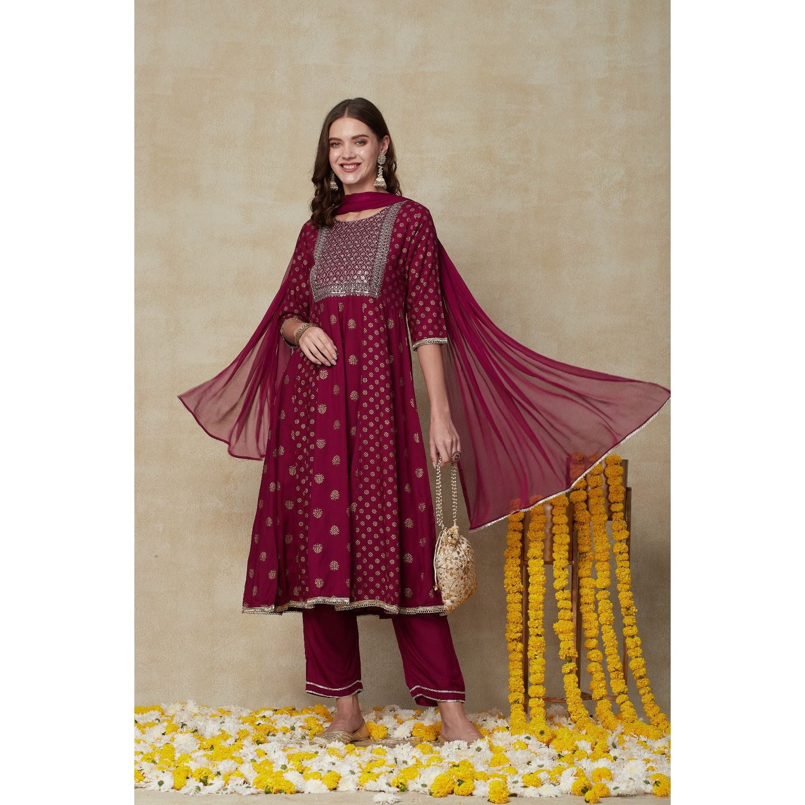 Printed Empire Cut Kurta Set for Women - Elegant Festive Ethnic Wear for Diwali, Weddings & Special Occasions