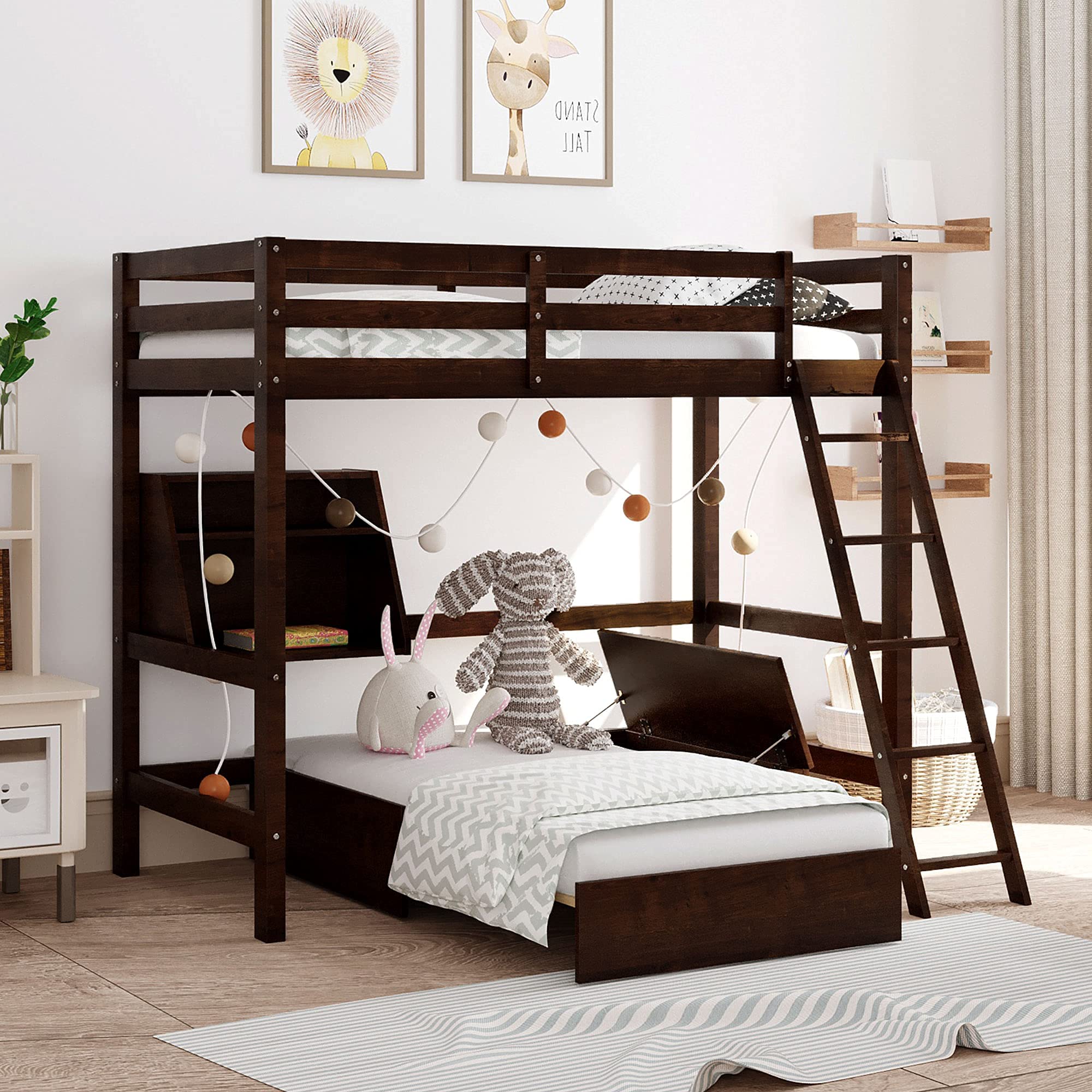 **Solid Wood Twin Loft Bed with Convertible Lower Bed & Storage - Multifunctional Loft Bed Frame with Drawer, Shelf, Ladder & Safety Rail for Kids, Teens & Adults (Espresso & Wood) - Perfect for Small Bedrooms, Dorms & Guest Rooms**