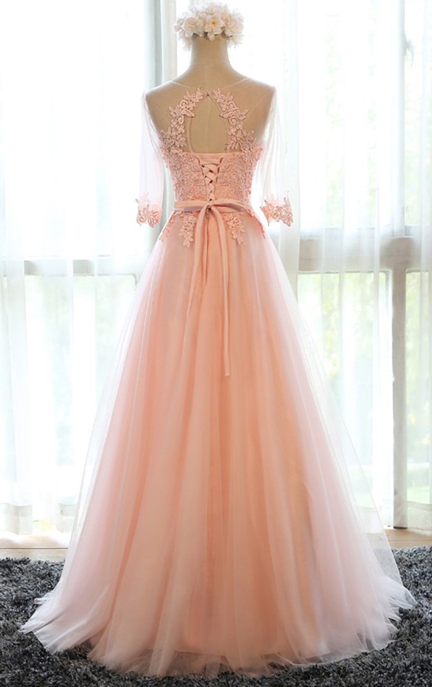 Elegant Women's Half Sleeves Lace Applique Tulle Long Formal Evening Dress for Prom, Wedding, Gala & Special Occasions