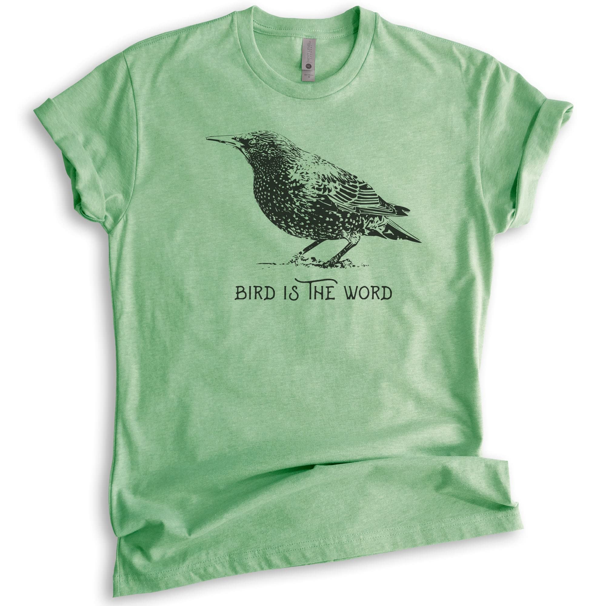 Bird is The Word Shirt - Unisex Graphic Tee for Men & Women - Cute Animal Lover T-Shirt in Heather Apple Green - Large Size - Perfect for Casual Wear, Gifts & Bird Watching Enthusiasts