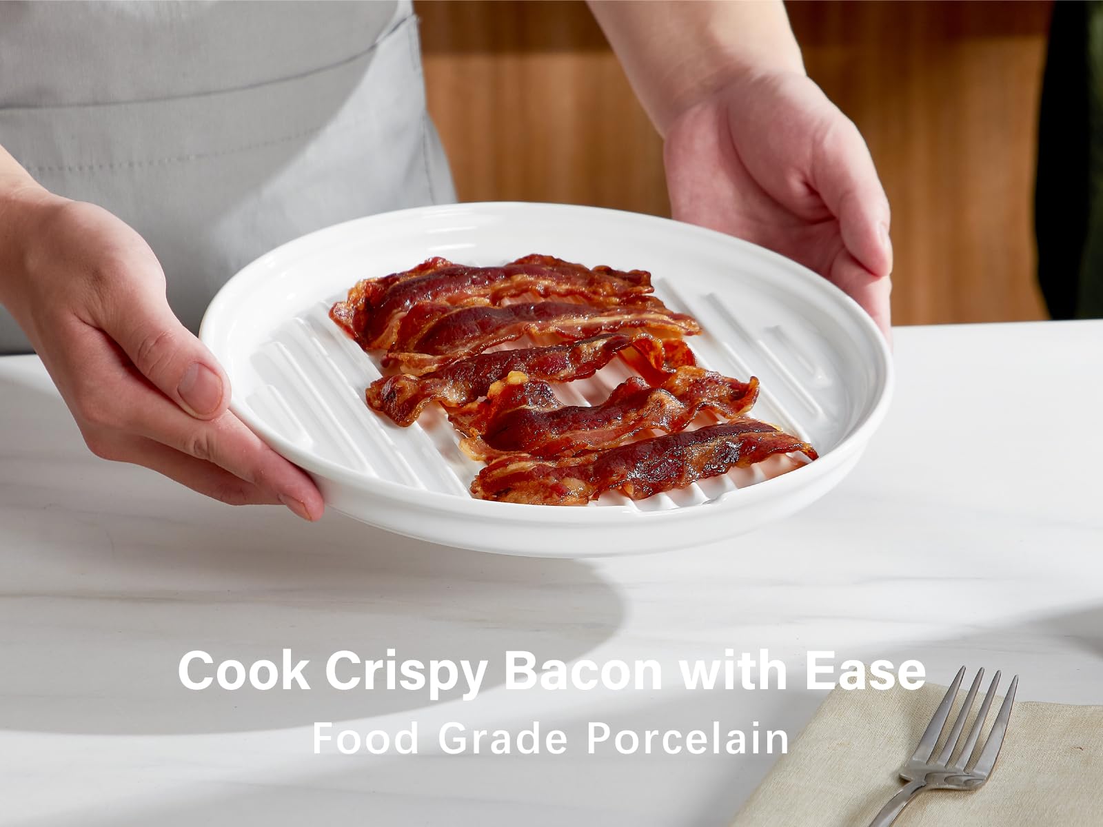 ONEMORE 10 Inch White Ceramic Bacon Rack - Oven & Microwave Safe Bacon Cooker for Crispy Bacon - Perfect for Breakfast, Sandwiches & Salads
