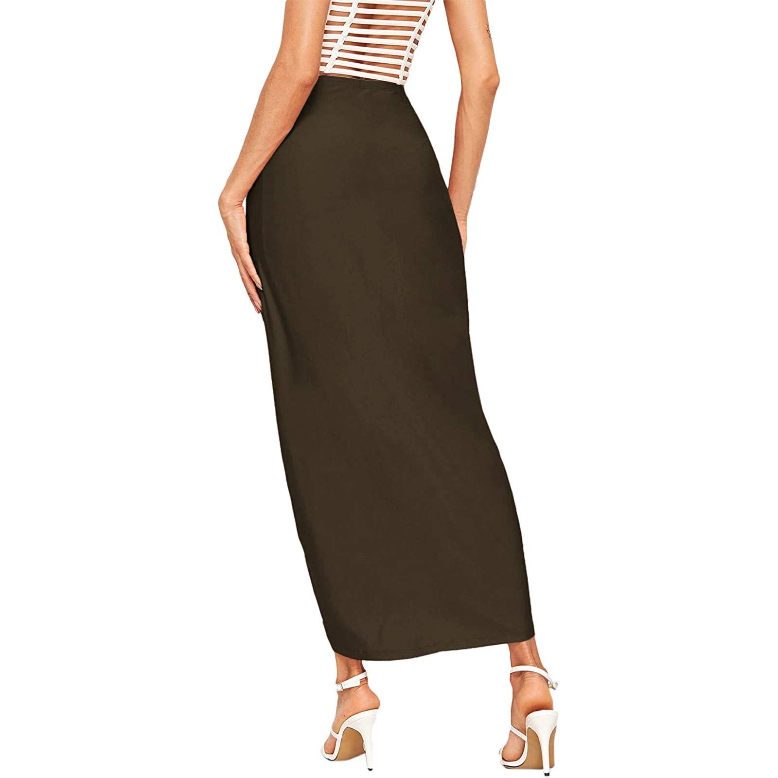 Women's Maxi Skirt - Draped Casual Wrap Waist Skirt with High Slit & Elastic Waistband, Asymmetrical Solid Coffee Color - Perfect for Summer Outfits, Beach Vacations and Boho Chic Style