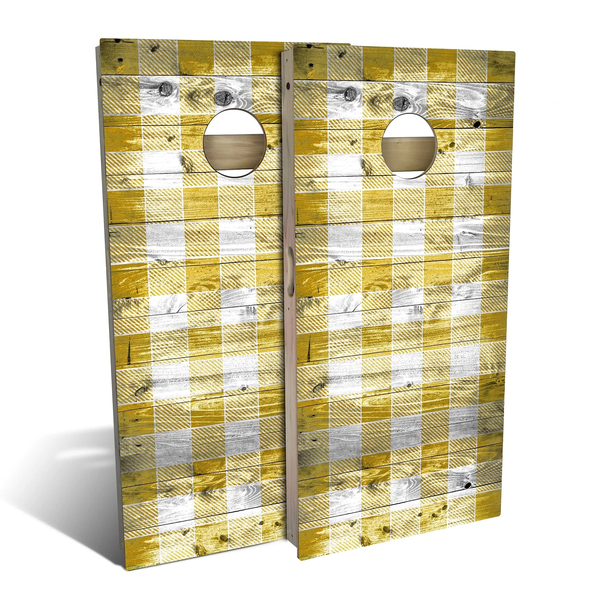 Skip's Garage Country Living Yellow Checkered Cornhole Board Set - 2 Boards & 8 Bags, Custom Size & Accessories for Backyard Games, Tailgating, and Outdoor Parties