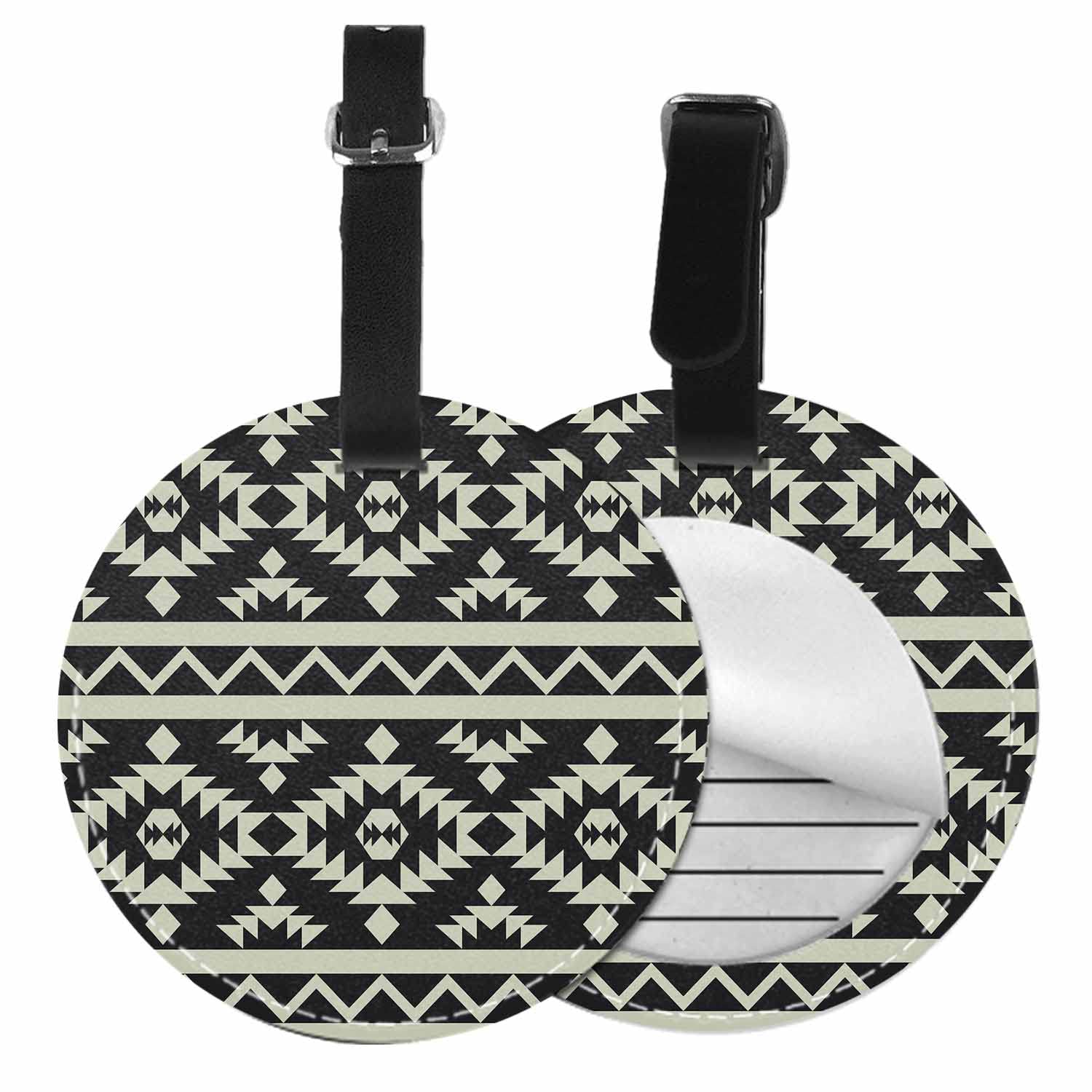 Zaueky Round Luggage Tags - Ethnic Boho Geometric Pattern Microfiber PU Leather Travel Suitcase ID Tags (Black Gray-Green) | Perfect for Airplane Check-in, Cruise Vacations & Lost Baggage Identification