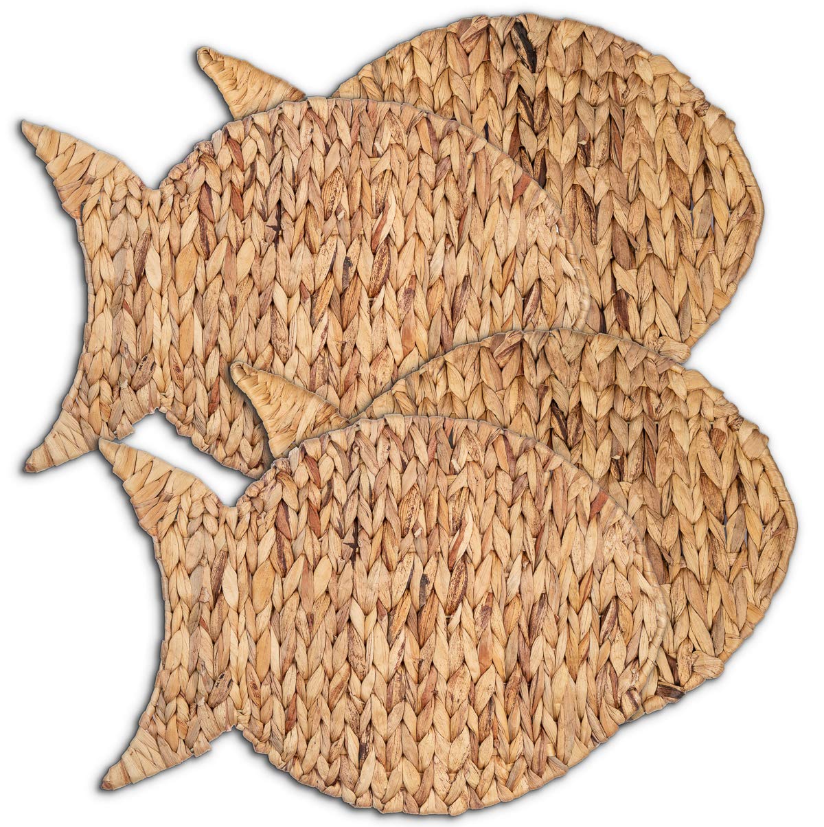 Woven Water Hyacinth Placemats Set of 4 - 12x17 Inch Nautical Fish Design Rattan Placemats for Dining Table - Natural Wicker Beach Theme Table Mats for Coastal Decor, Summer Parties & Outdoor Entertaining