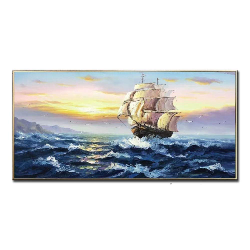 Hand Painted Blue Seascape Sailboat Oil Painting on Canvas - Modern Wall Art for Home Decor (28x56 Inch No Frame) | Perfect for Living Room, Bedroom & Corridor Decoration
